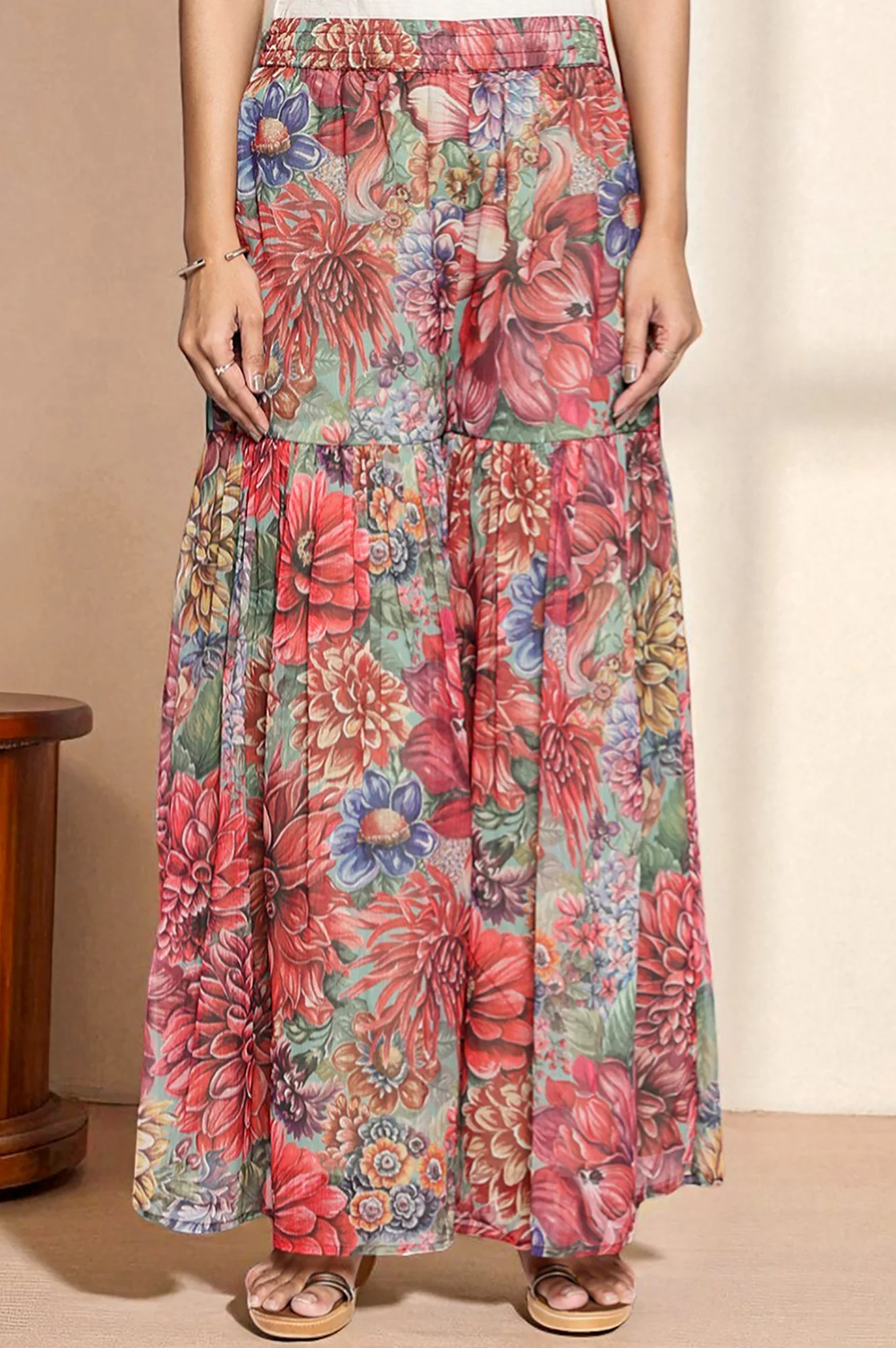 Multicolour Printed Silver Chiffon Flared Kurta, Sharara and Dupatta Set - Image 6