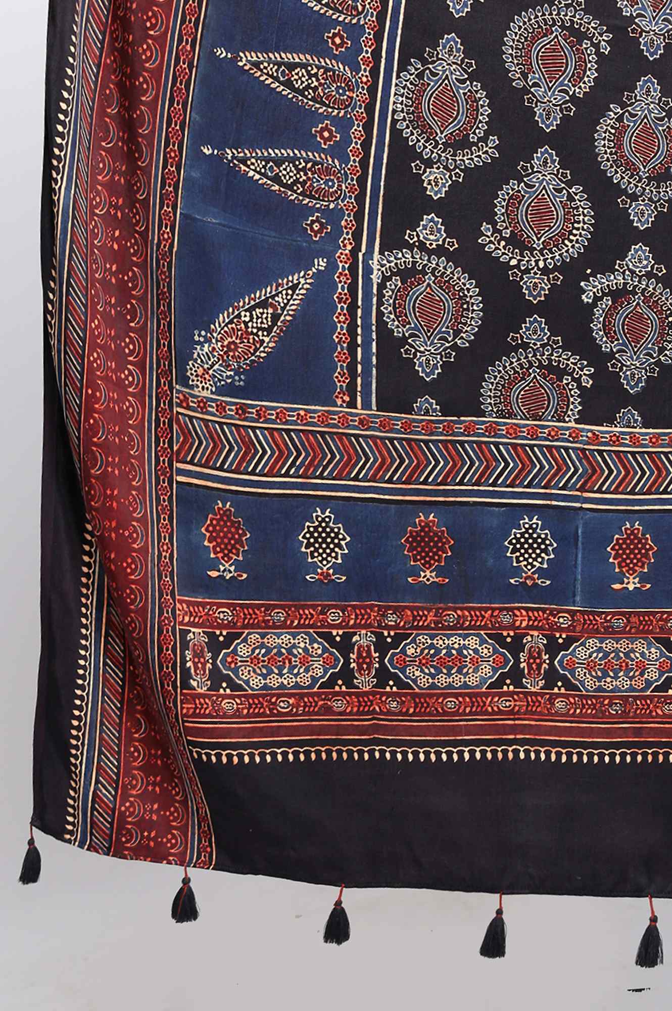 Black Floral Ajrakh Printed Tasselled Modal Satin Dupatta - Image 5