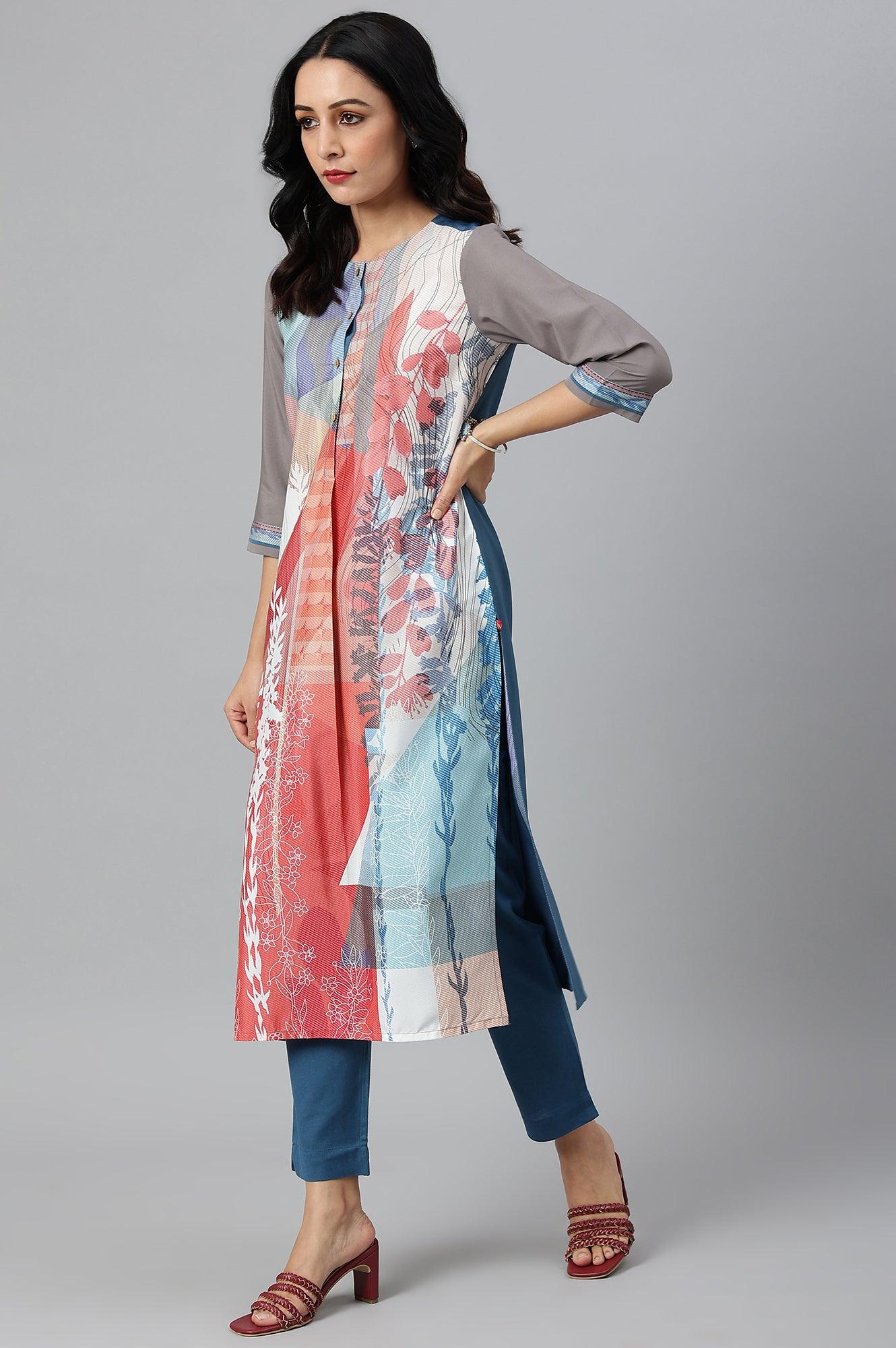 Multicoloured Panelled kurta With Grey Sleeves - Image 3