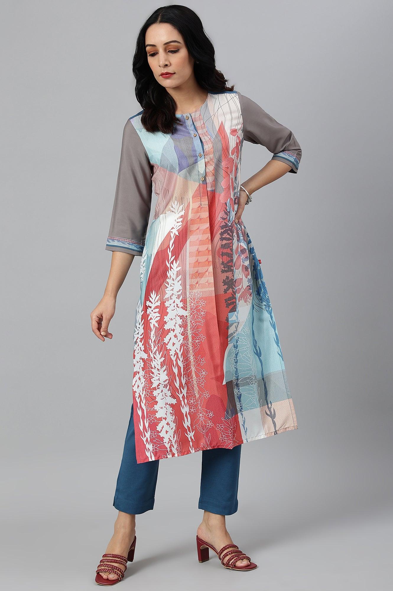 Multicoloured Panelled kurta With Grey Sleeves - Image 5