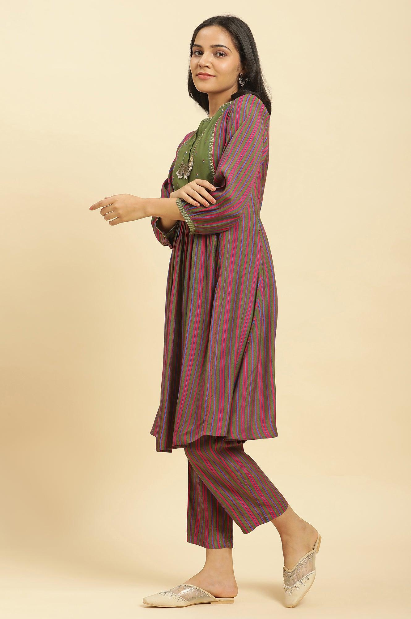 Multicoloured Stripe Printed And Green Embellished Yoke Kurta And Pants Set - Image 3