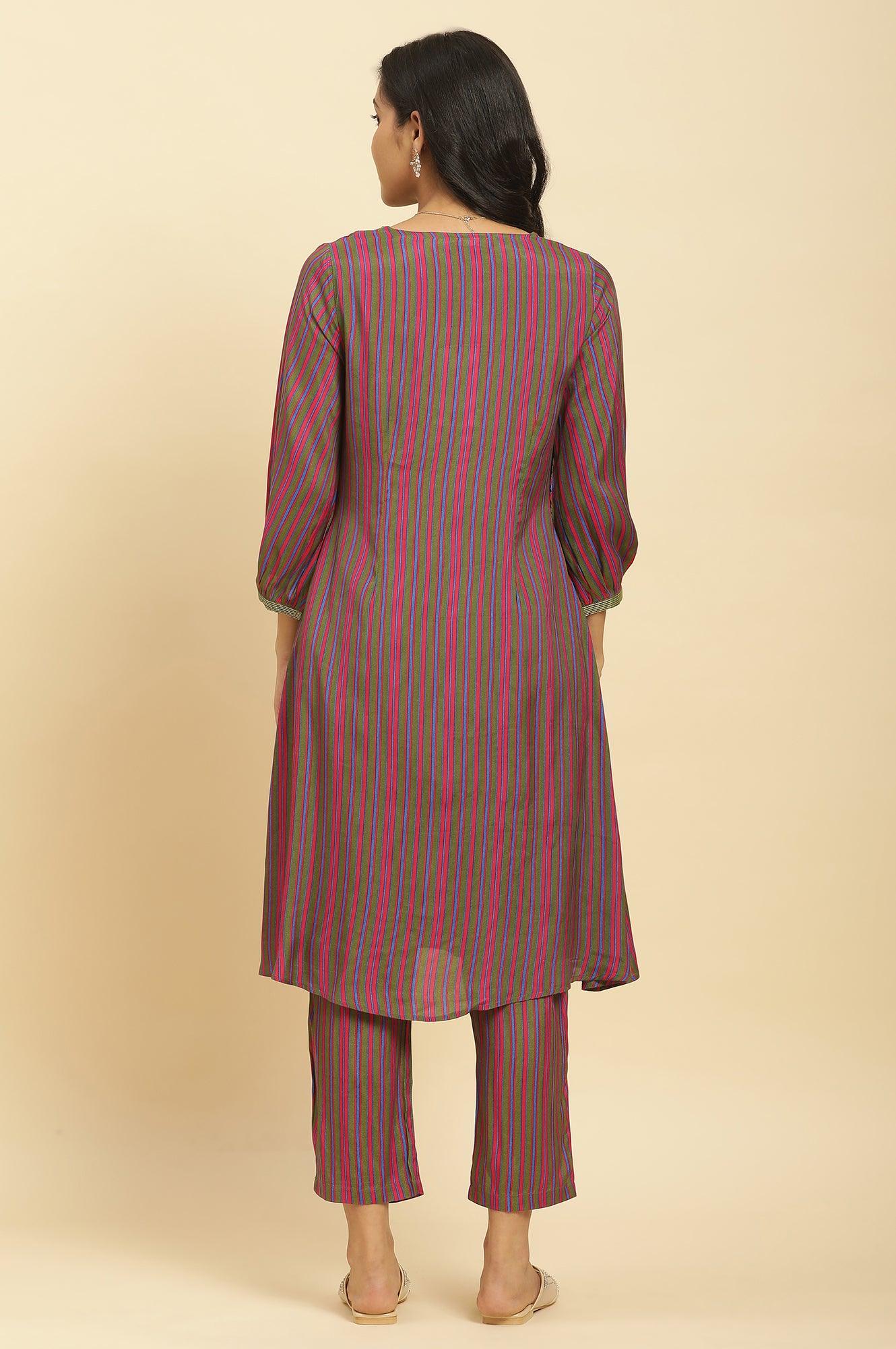 Multicoloured Stripe Printed And Green Embellished Yoke Kurta And Pants Set - Image 4