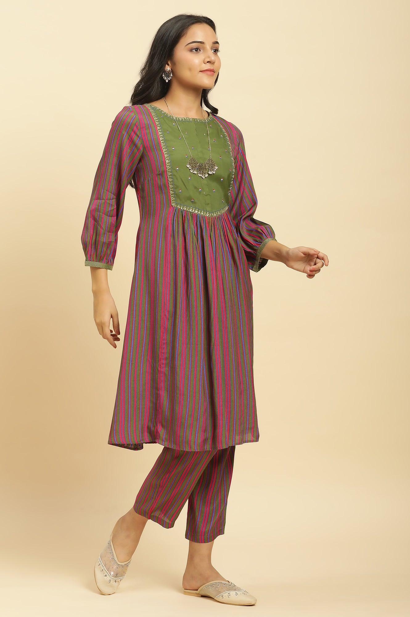 Multicoloured Stripe Printed And Green Embellished Yoke Kurta And Pants Set - Image 5