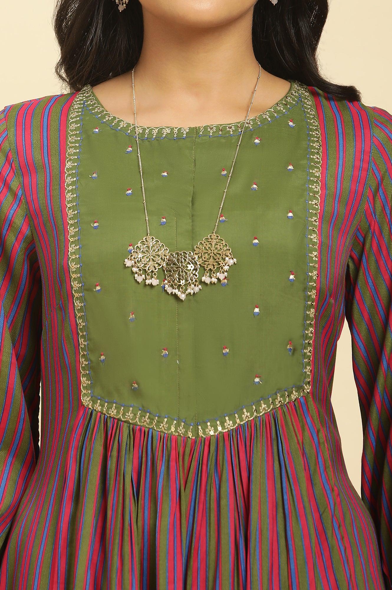 Multicoloured Stripe Printed And Green Embellished Yoke Kurta And Pants Set - Image 6