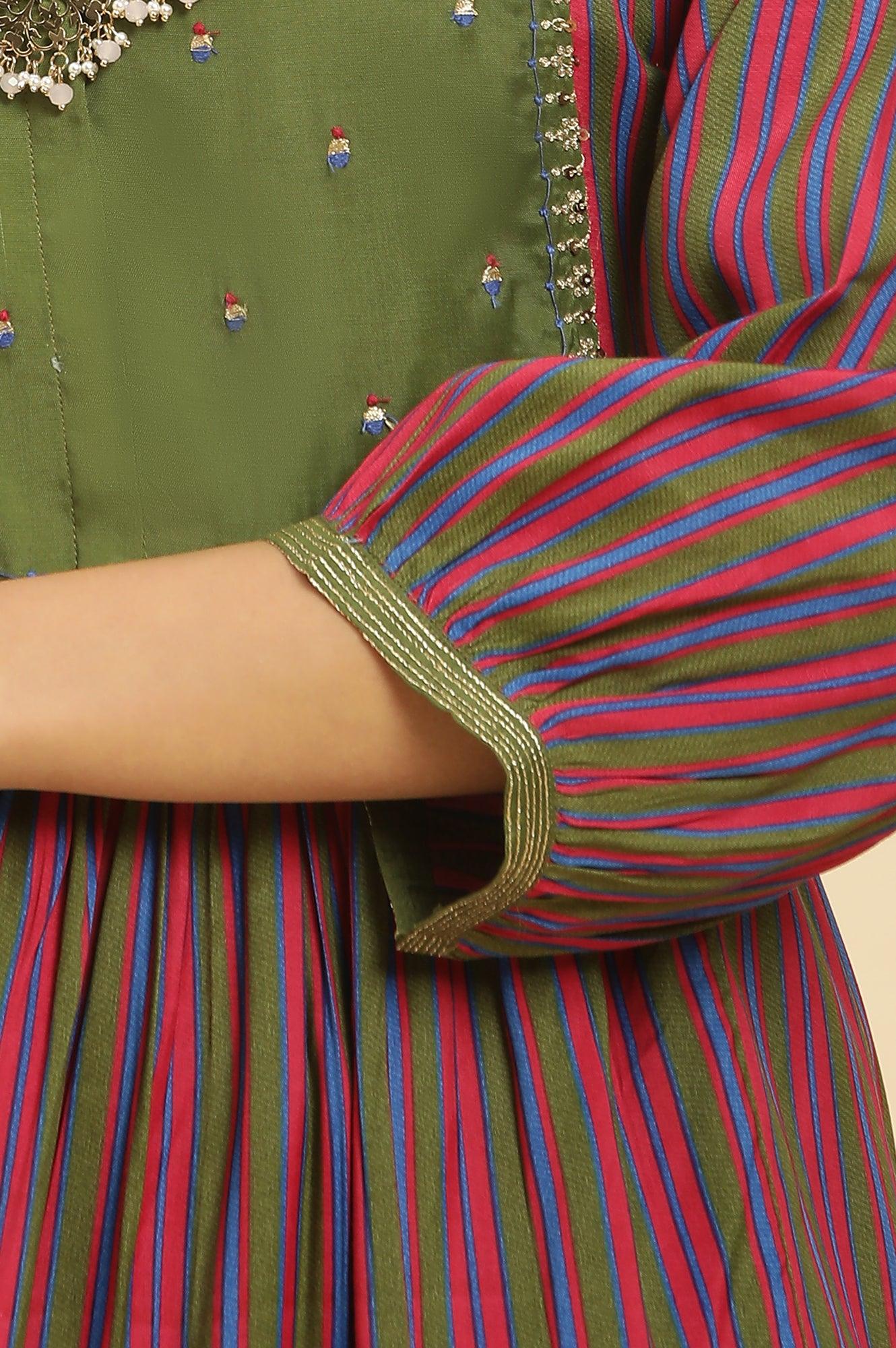 Multicoloured Stripe Printed And Green Embellished Yoke Kurta And Pants Set - Image 7