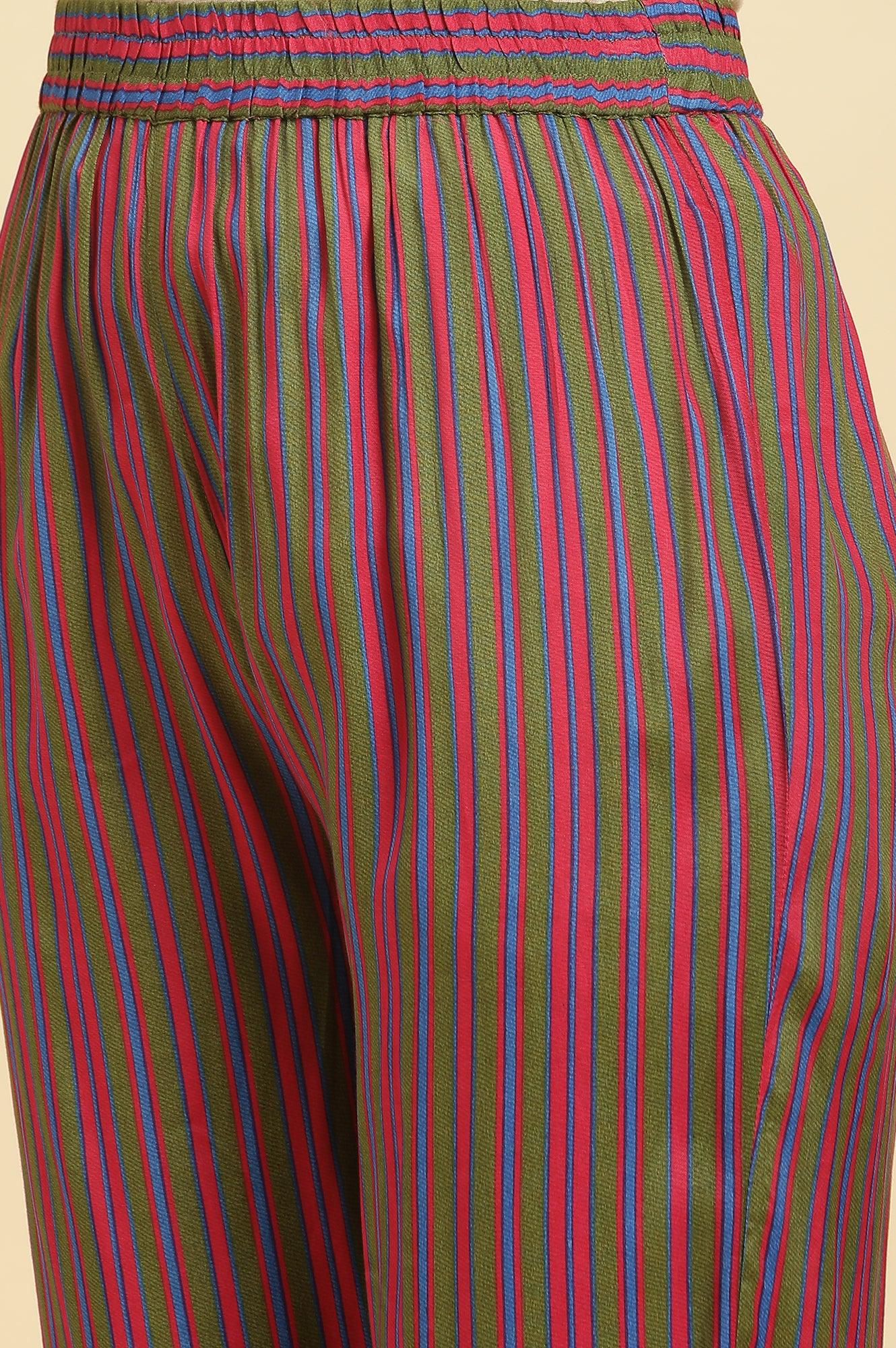 Multicoloured Stripe Printed And Green Embellished Yoke Kurta And Pants Set - Image 9
