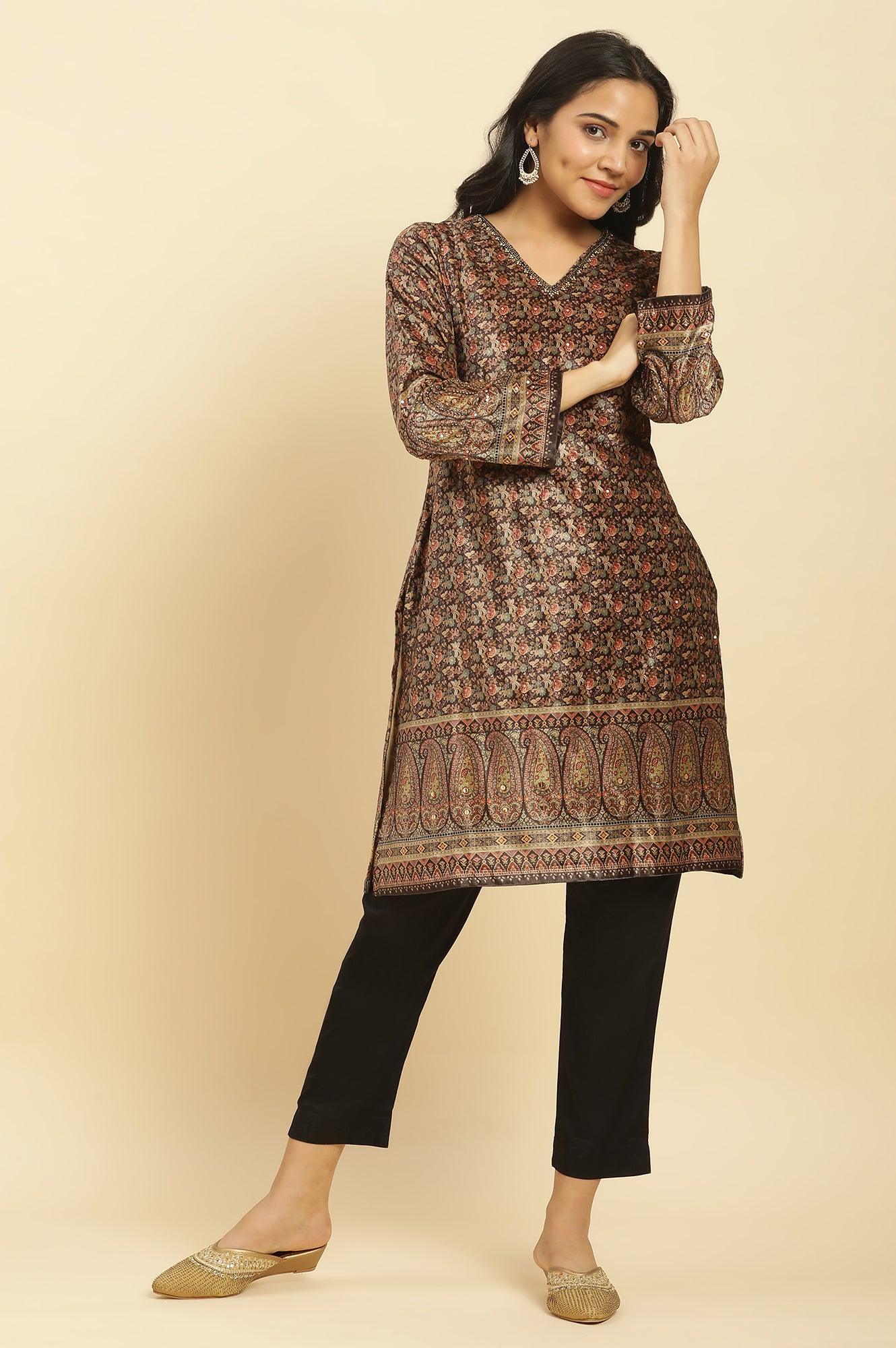 Multicoloured Velvet Embroidered Kurta And Pants Set - Image 2