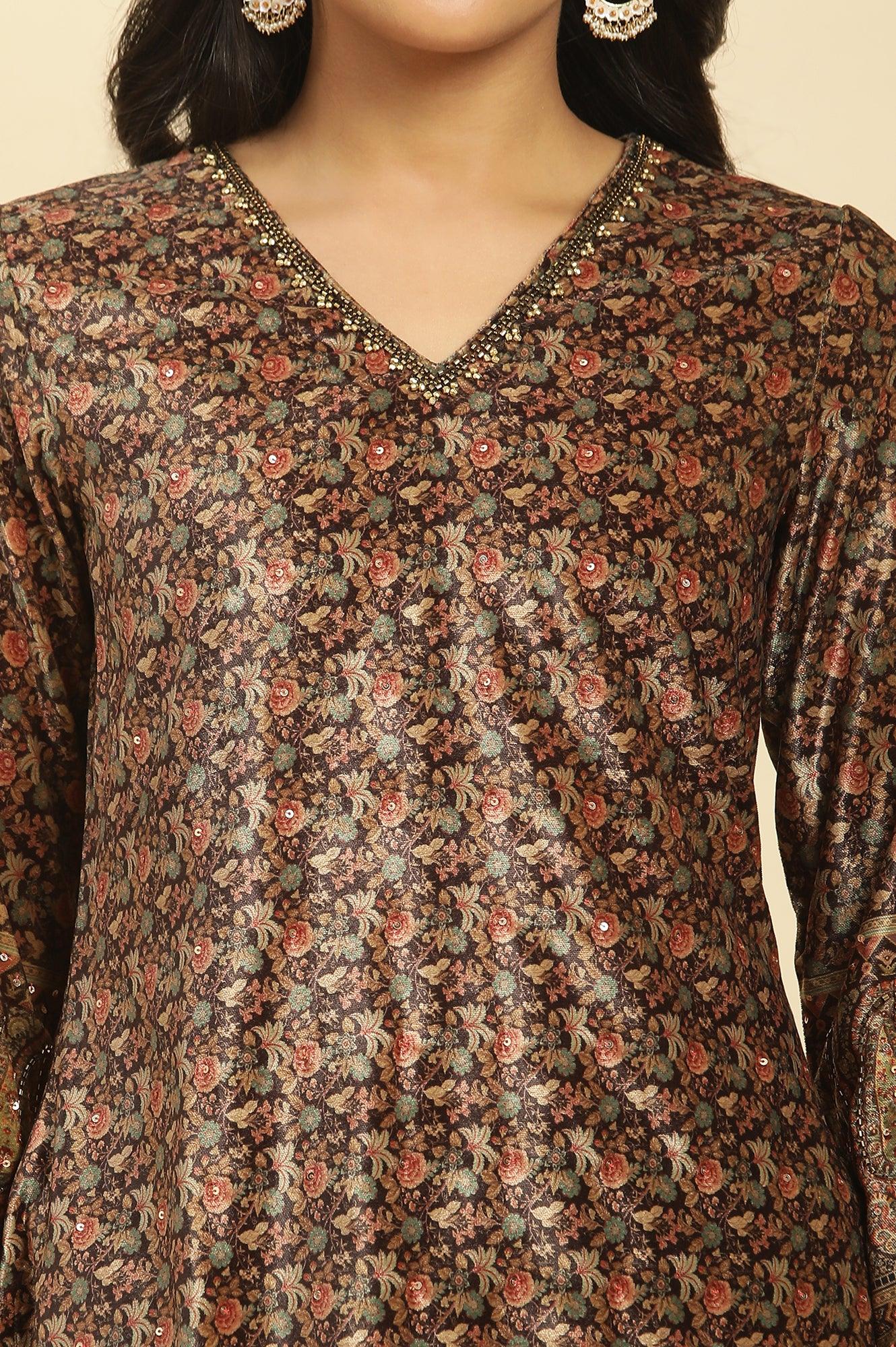 Multicoloured Velvet Embroidered Kurta And Pants Set - Image 6
