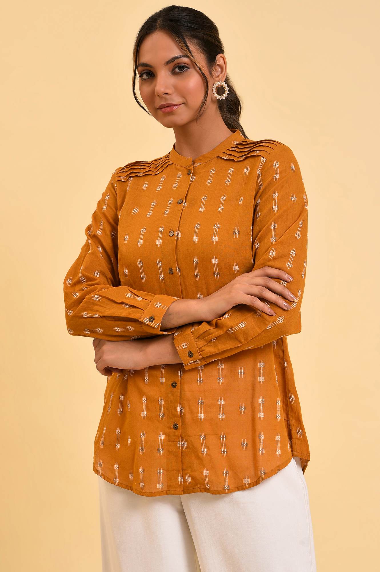 Mustard Dobby Textured Top With Pintucks - Image 3