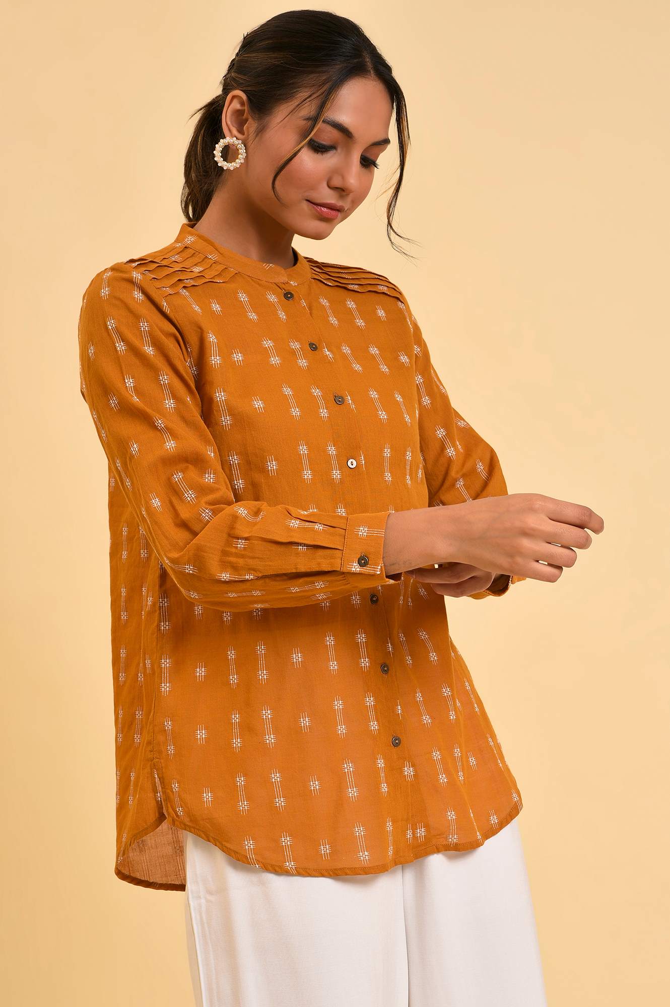 Mustard Dobby Textured Top With Pintucks - Image 4