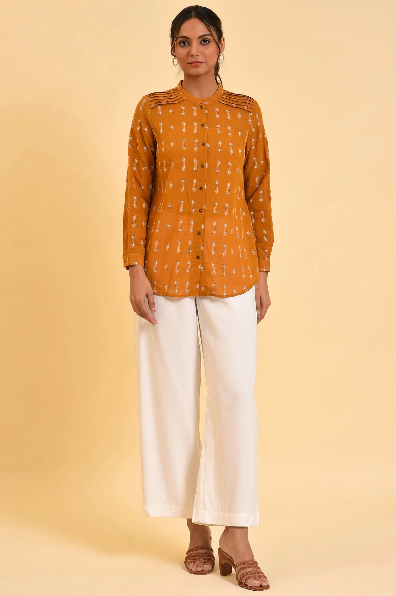 Mustard Dobby Textured Top With Pintucks - Image 5