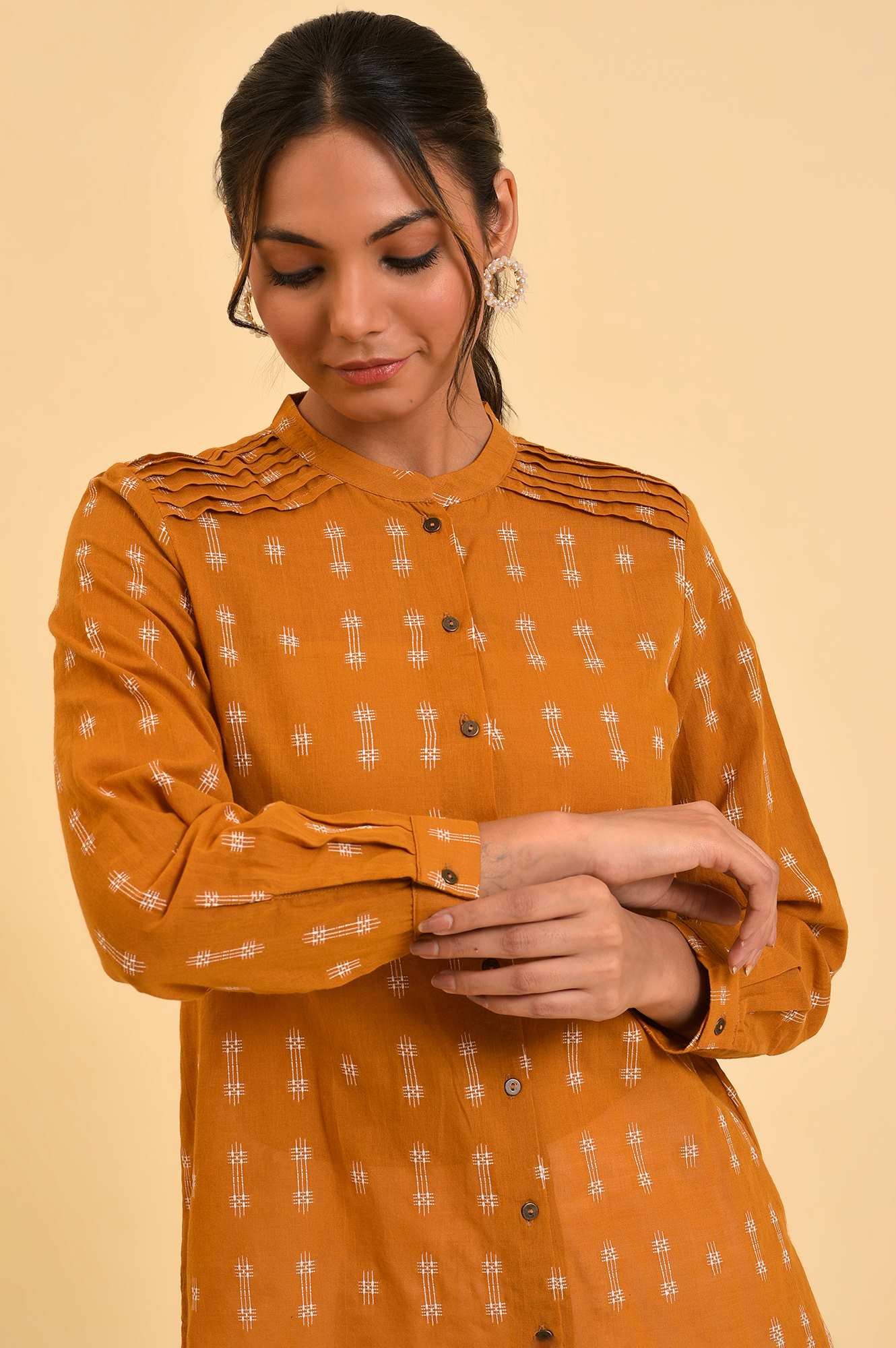 Mustard Dobby Textured Top With Pintucks - Image 6
