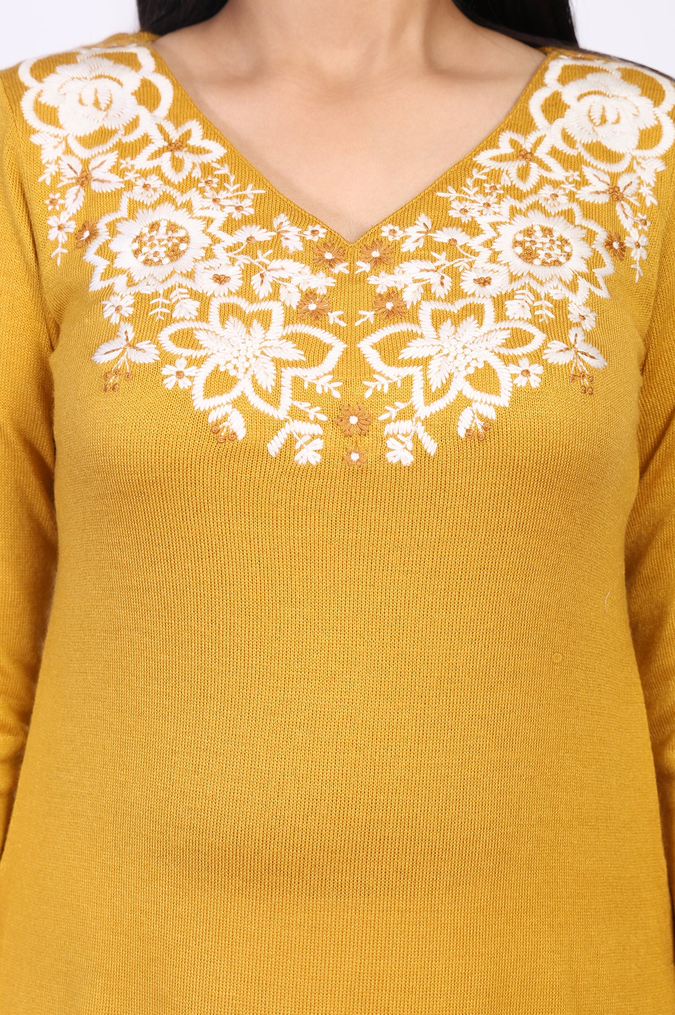 Mustard Embroidered A-Line Acrylic Winter Kurta - Image 3
