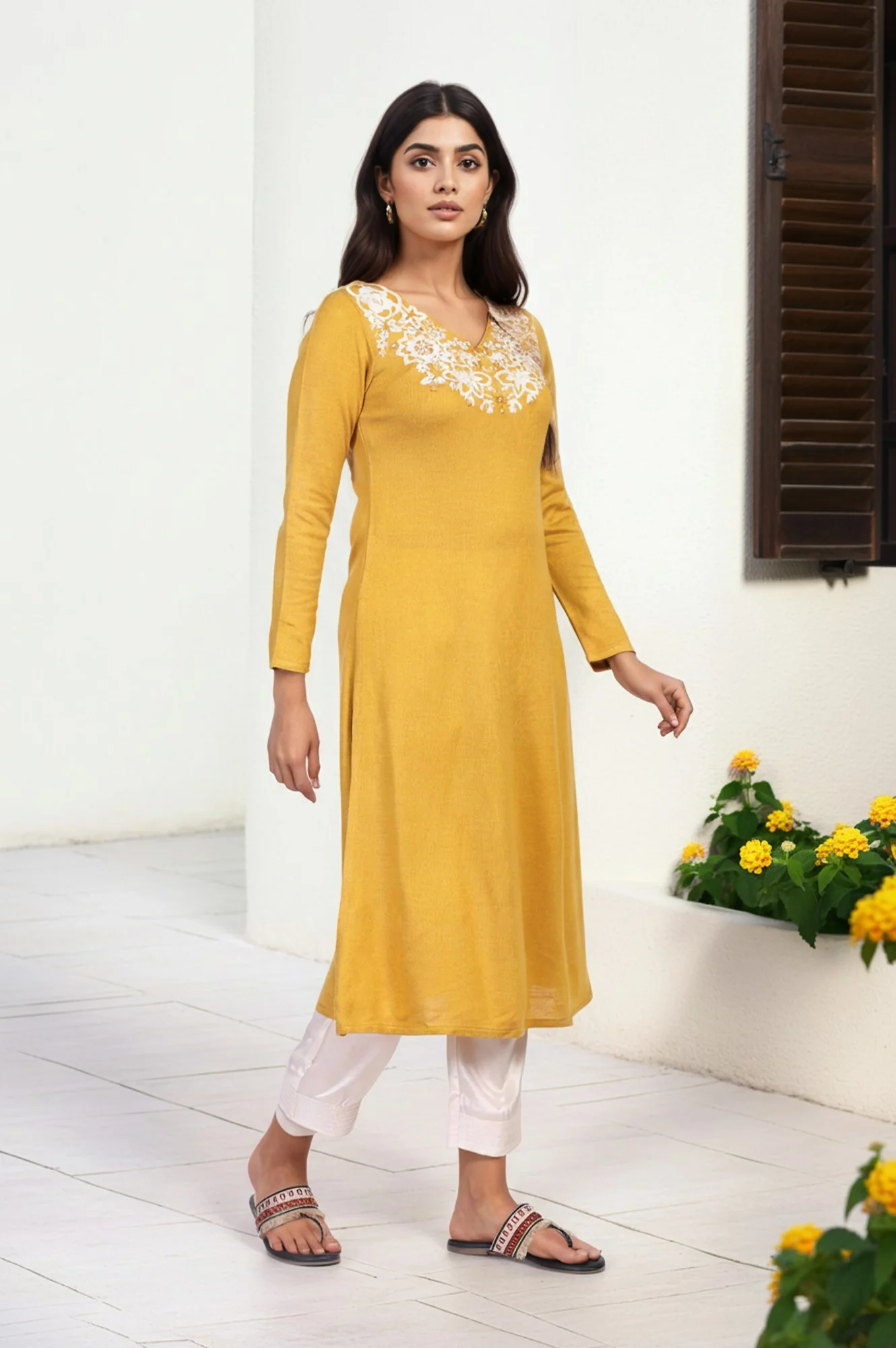 Mustard Embroidered A-Line Acrylic Winter Kurta - Image 4