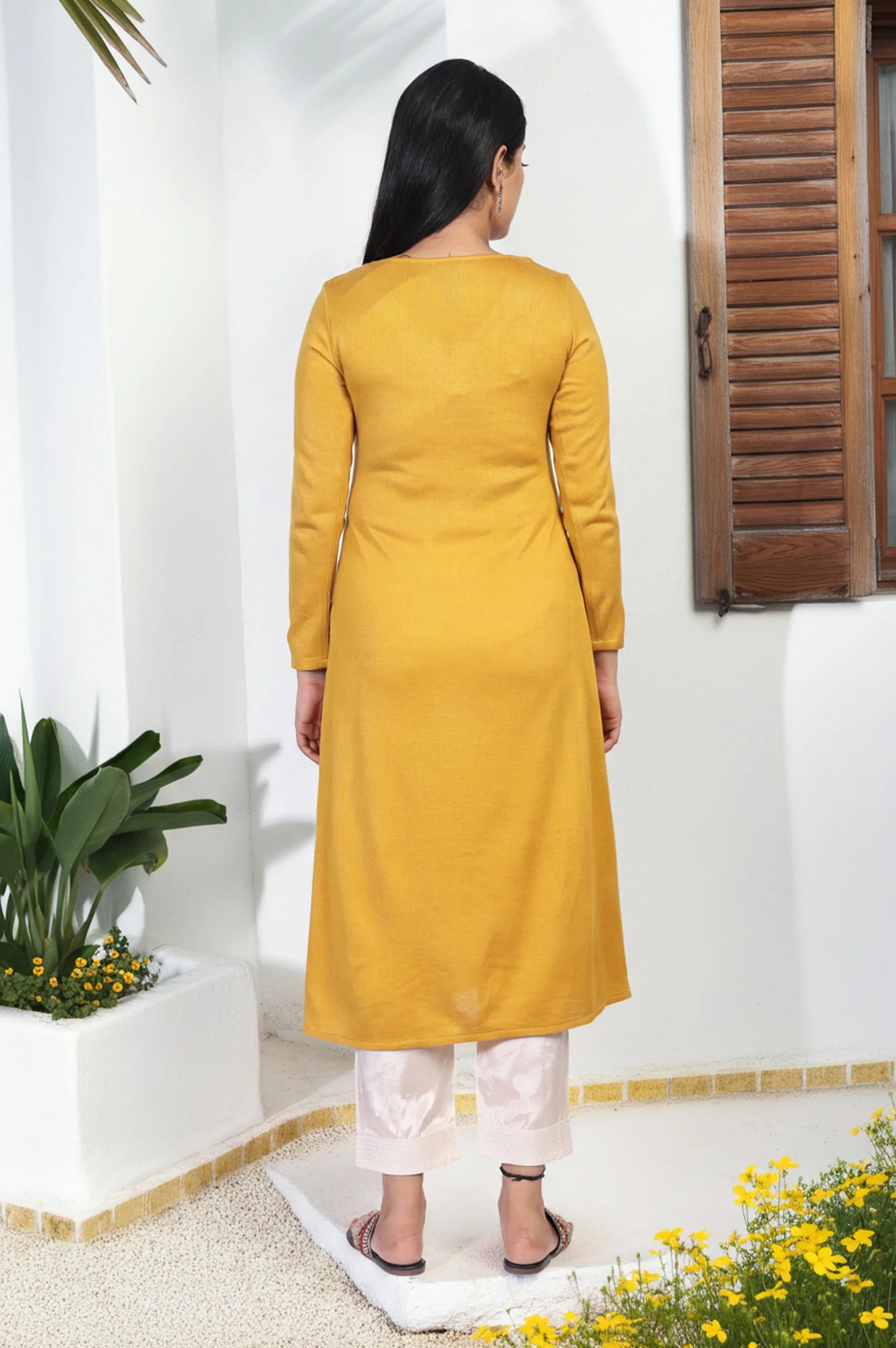 Mustard Embroidered A-Line Acrylic Winter Kurta - Image 5