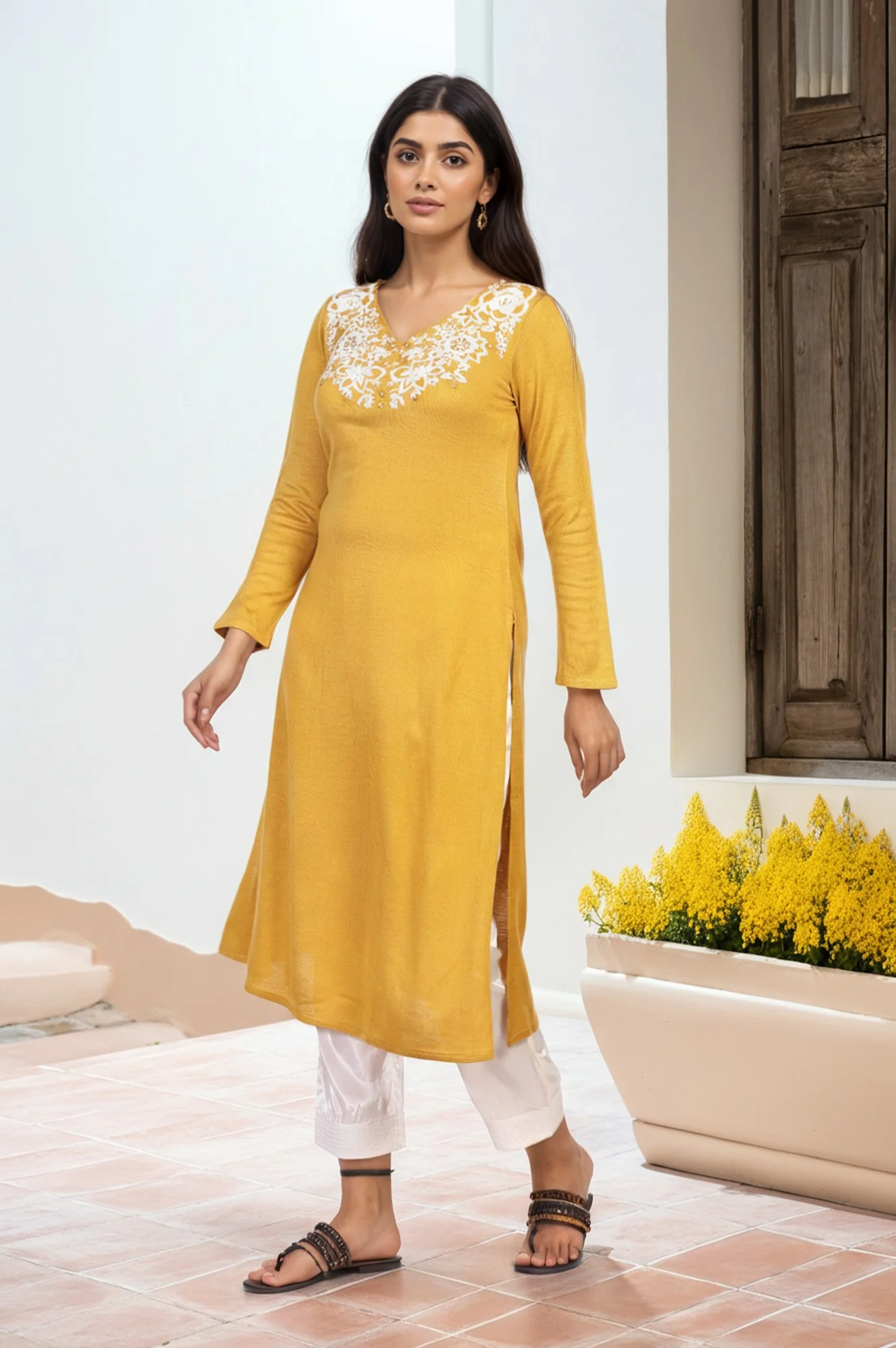 Mustard Embroidered A-Line Acrylic Winter Kurta - Image 6