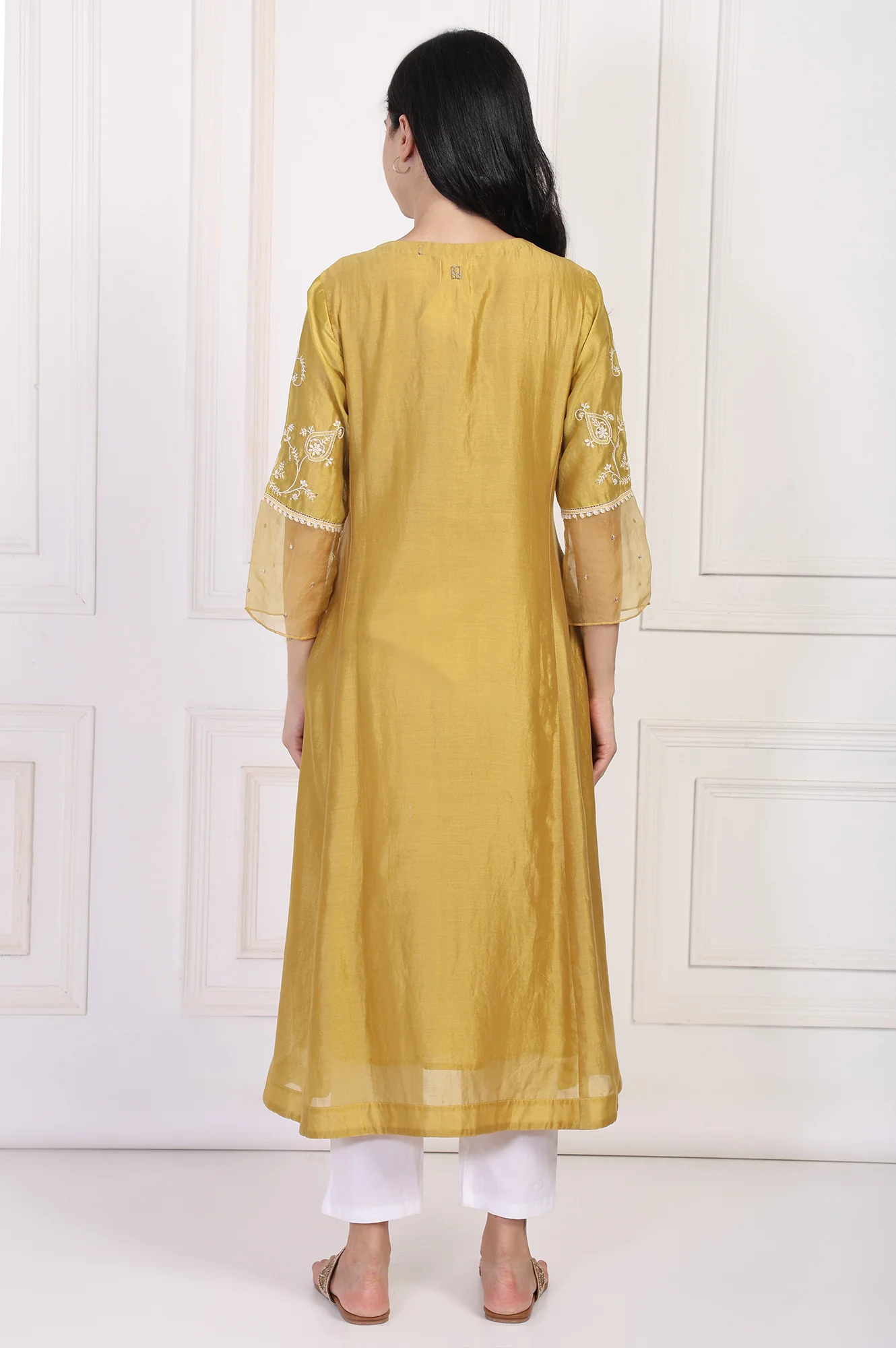 Mustard Embroidered A-Line Cotton Kurta - Image 5