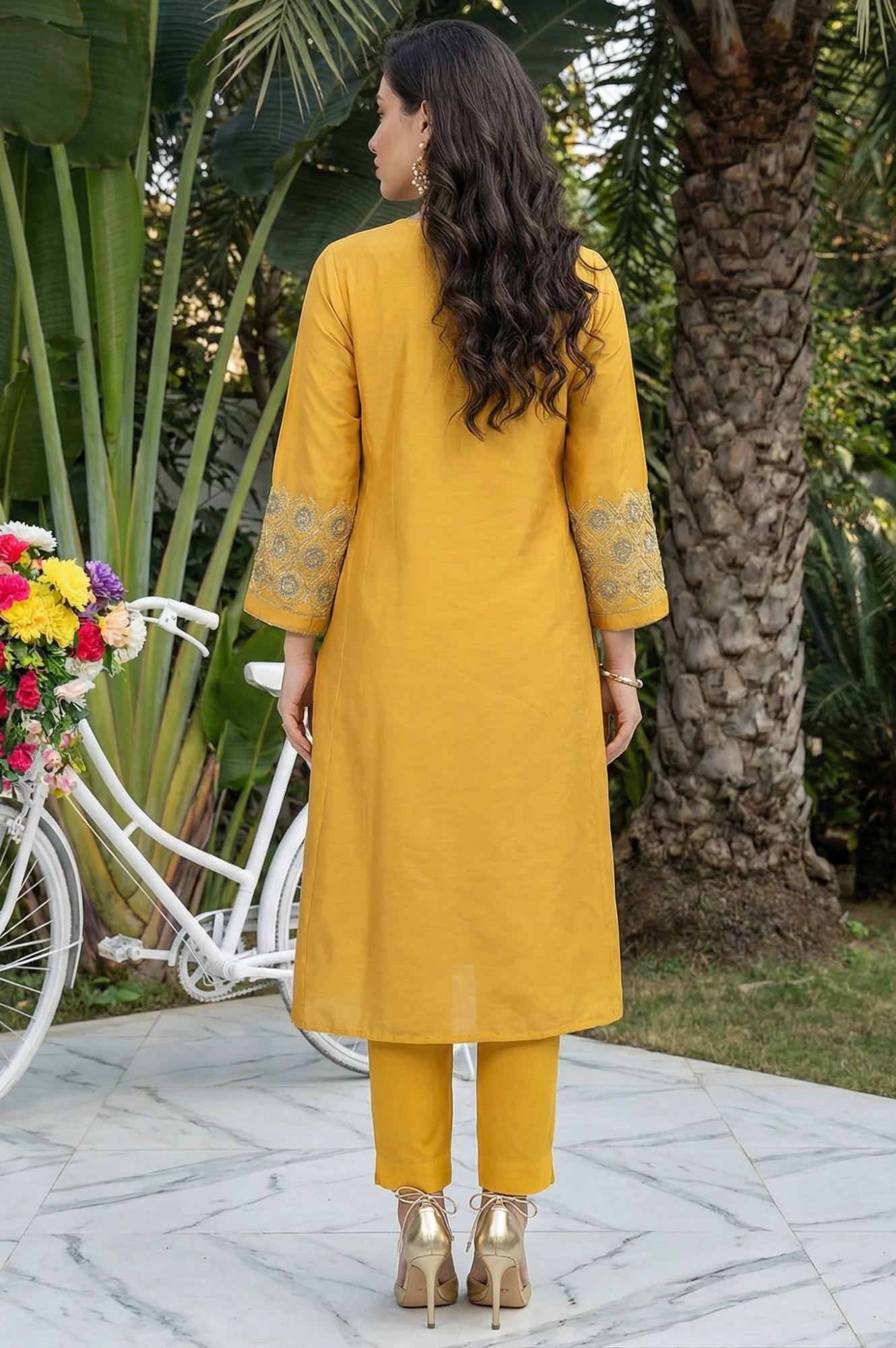 Mustard Embroidered A-Line Rayon Kurta - Image 5