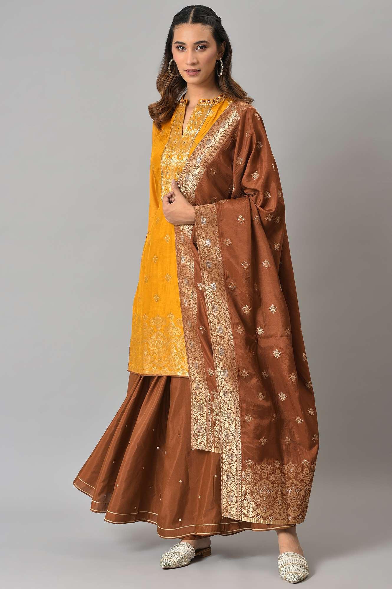 Mustard Embroidered kurta In Round Neck With Sharara And Dupatta Set - Image 10