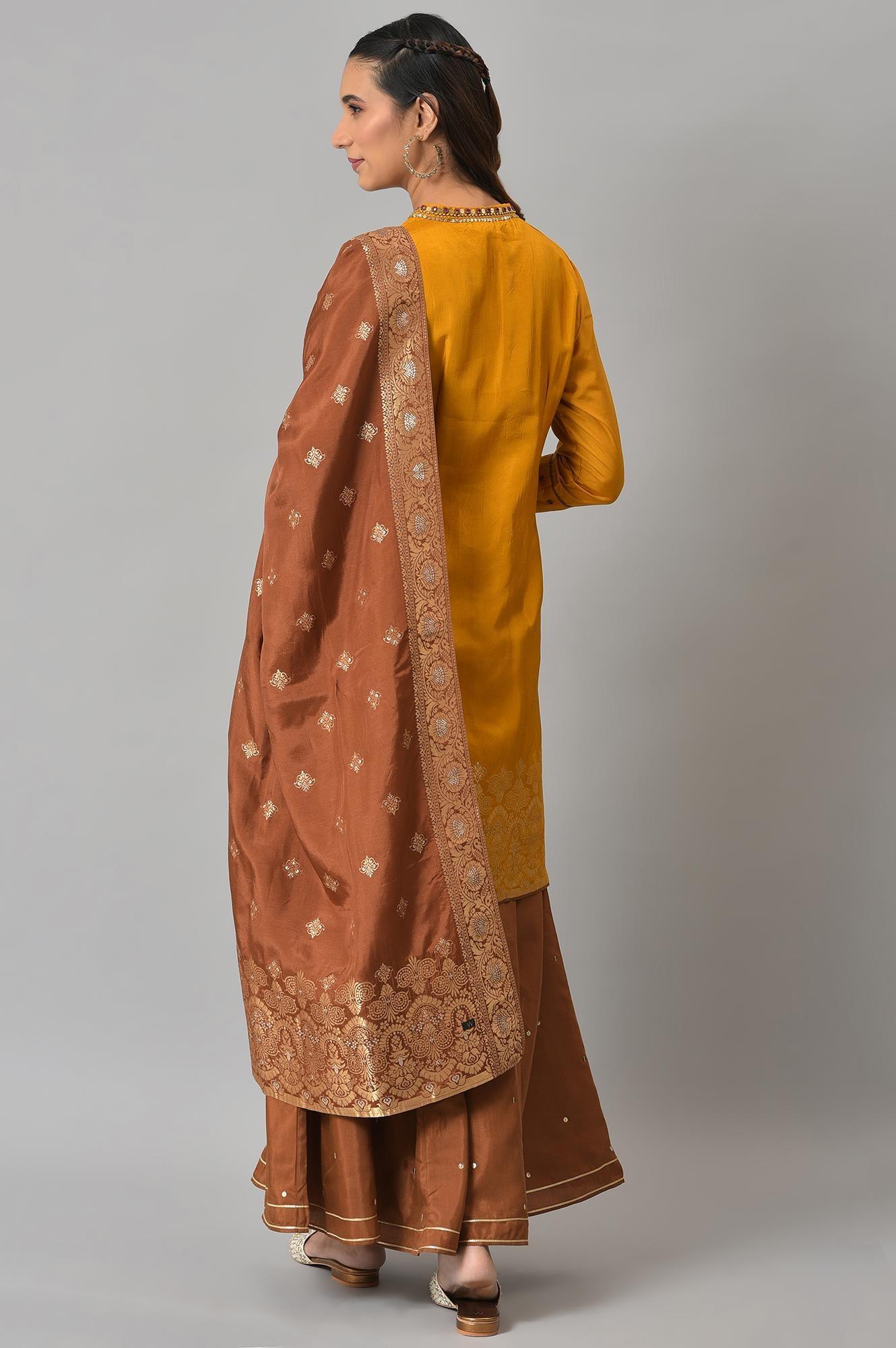 Mustard Embroidered kurta In Round Neck With Sharara And Dupatta Set - Image 2