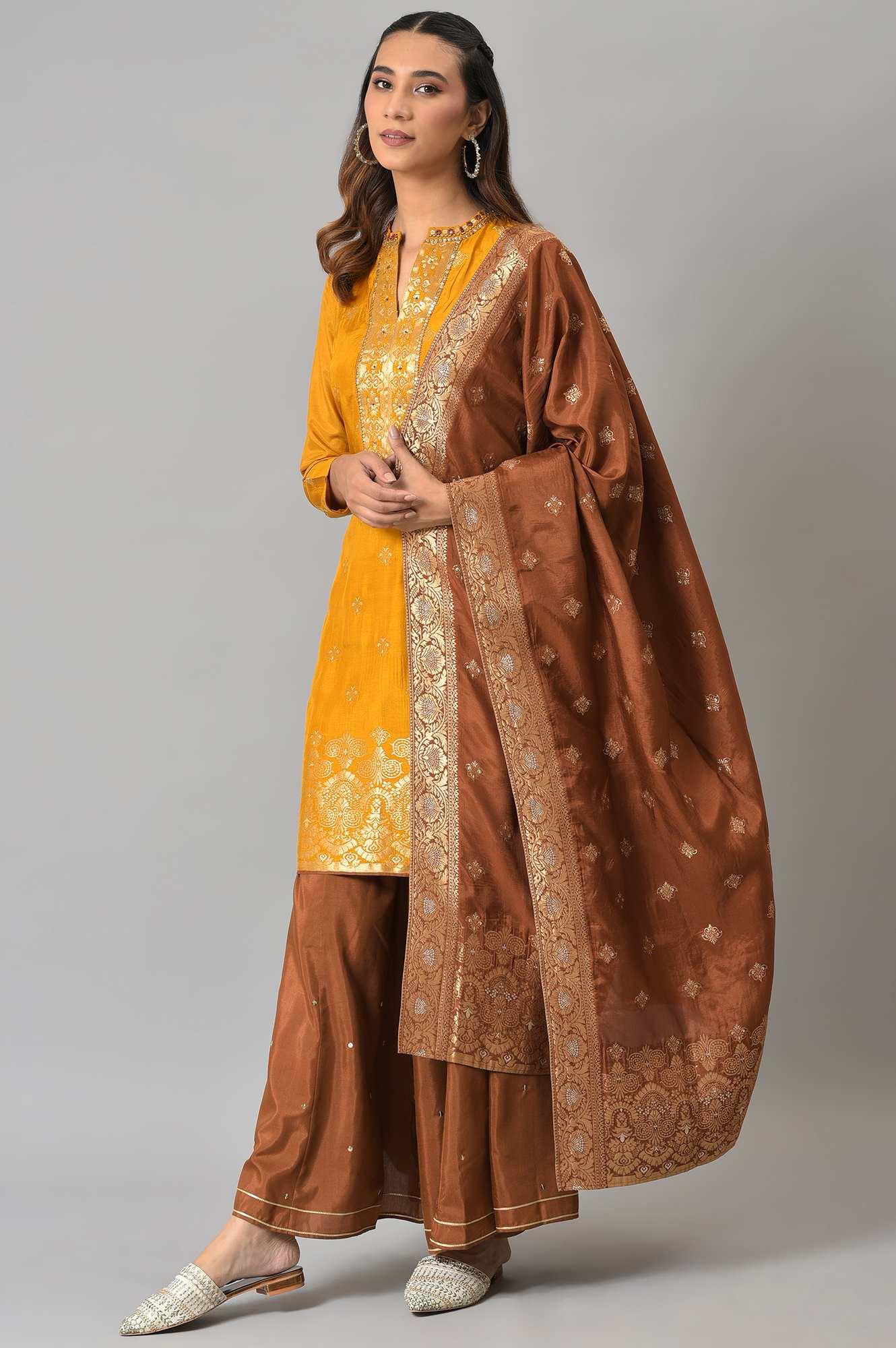 Mustard Embroidered kurta In Round Neck With Sharara And Dupatta Set - Image 3