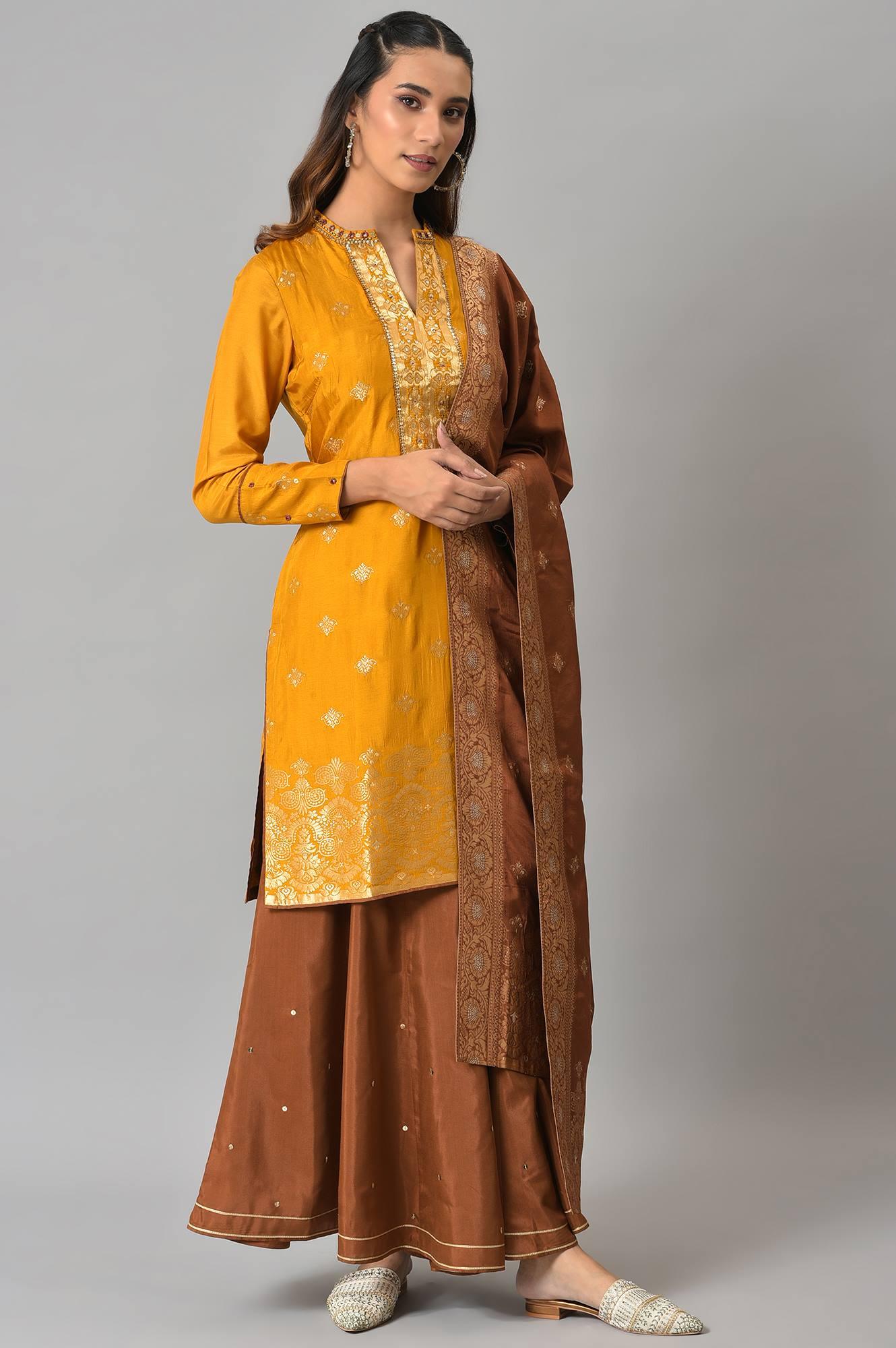 Mustard Embroidered kurta In Round Neck With Sharara And Dupatta Set - Image 4