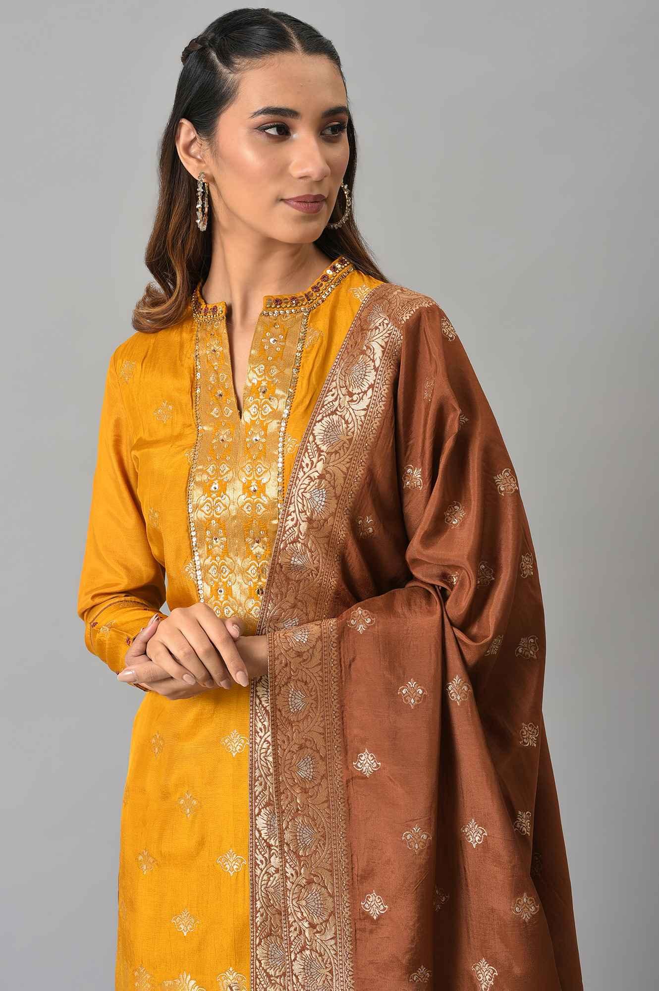 Mustard Embroidered kurta In Round Neck With Sharara And Dupatta Set - Image 5