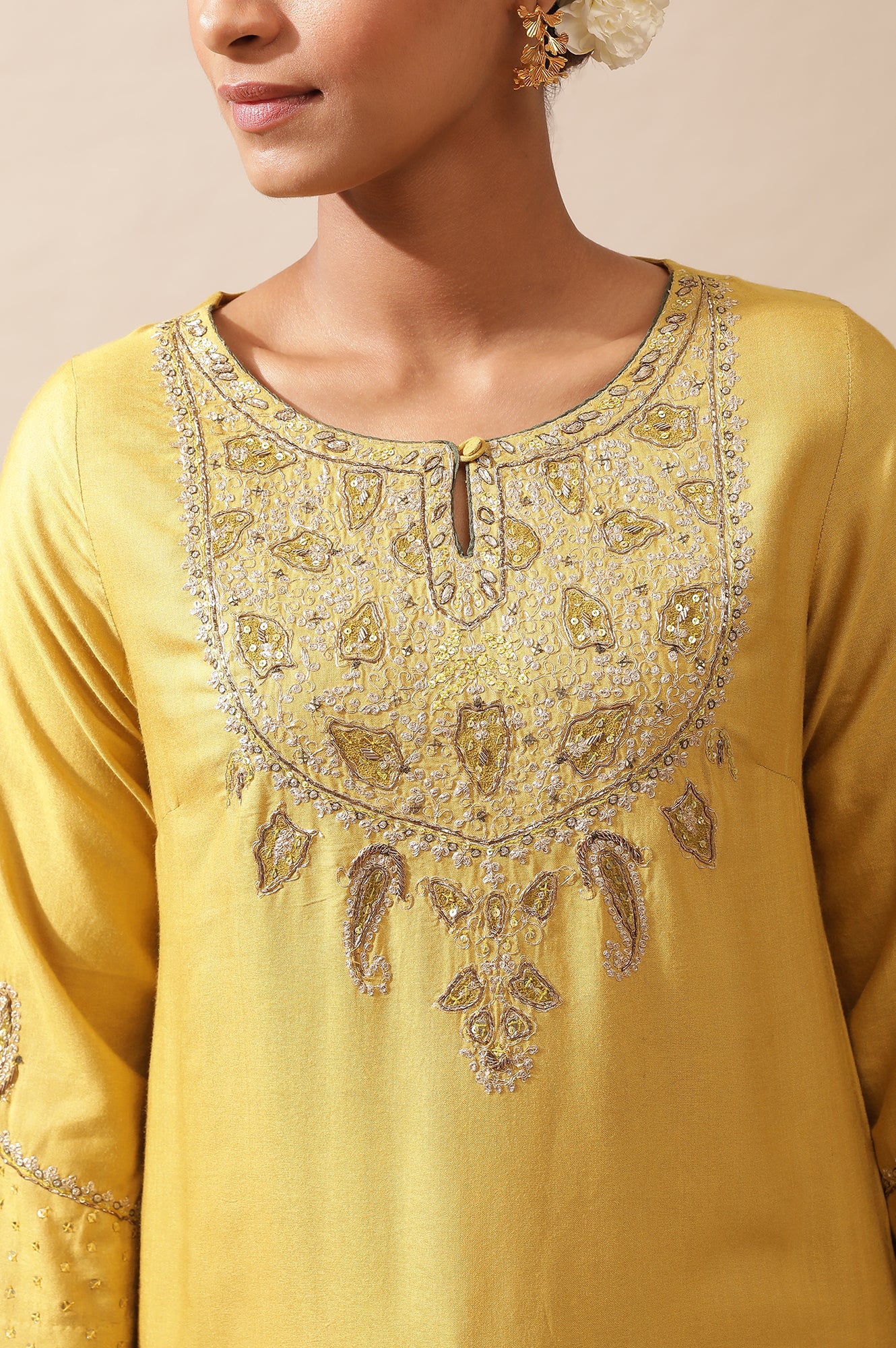 Mustard Embroidered Kurta In Silk Viscose Tussar - Image 6