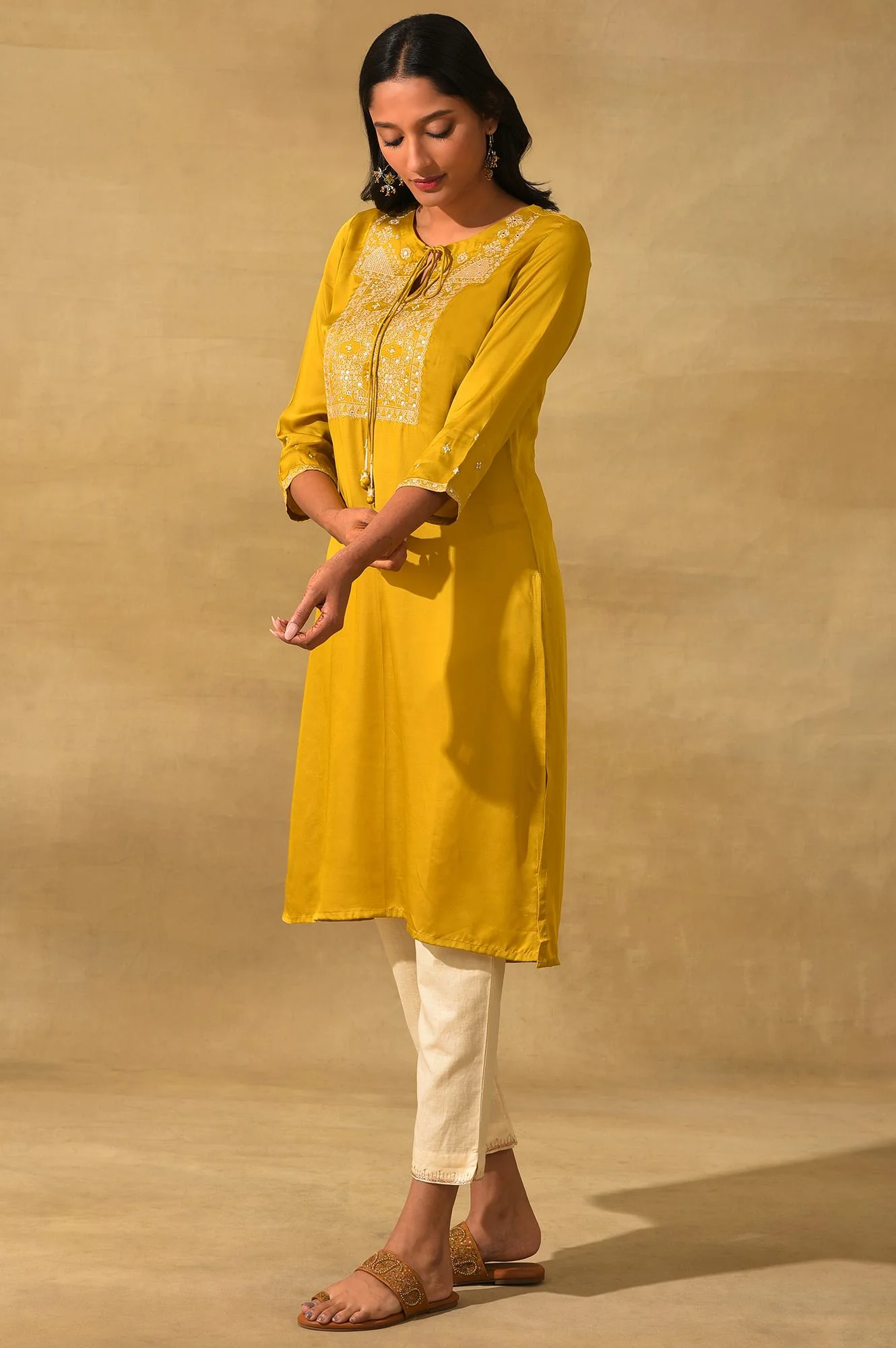 Mustard Embroidered Lustrous Satin kurta - Image 3