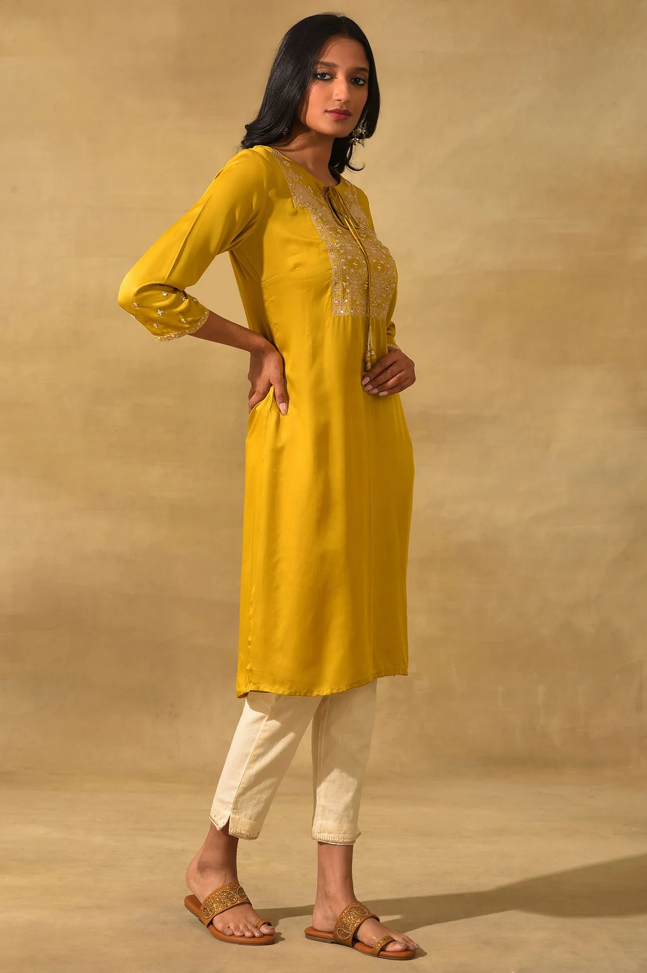 Mustard Embroidered Lustrous Satin kurta - Image 4