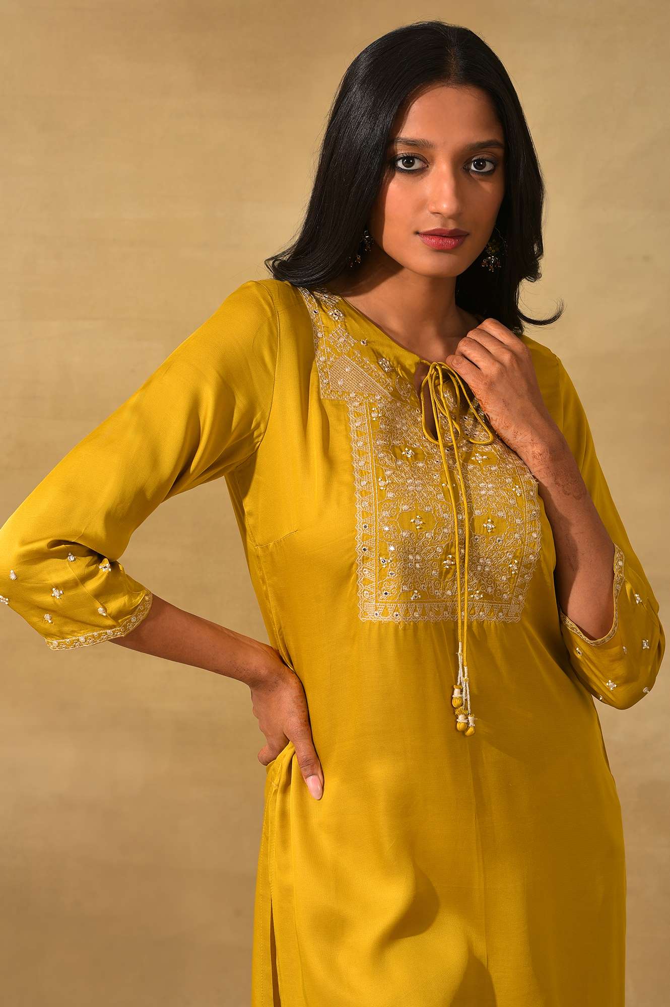 Mustard Embroidered Lustrous Satin kurta - Image 5