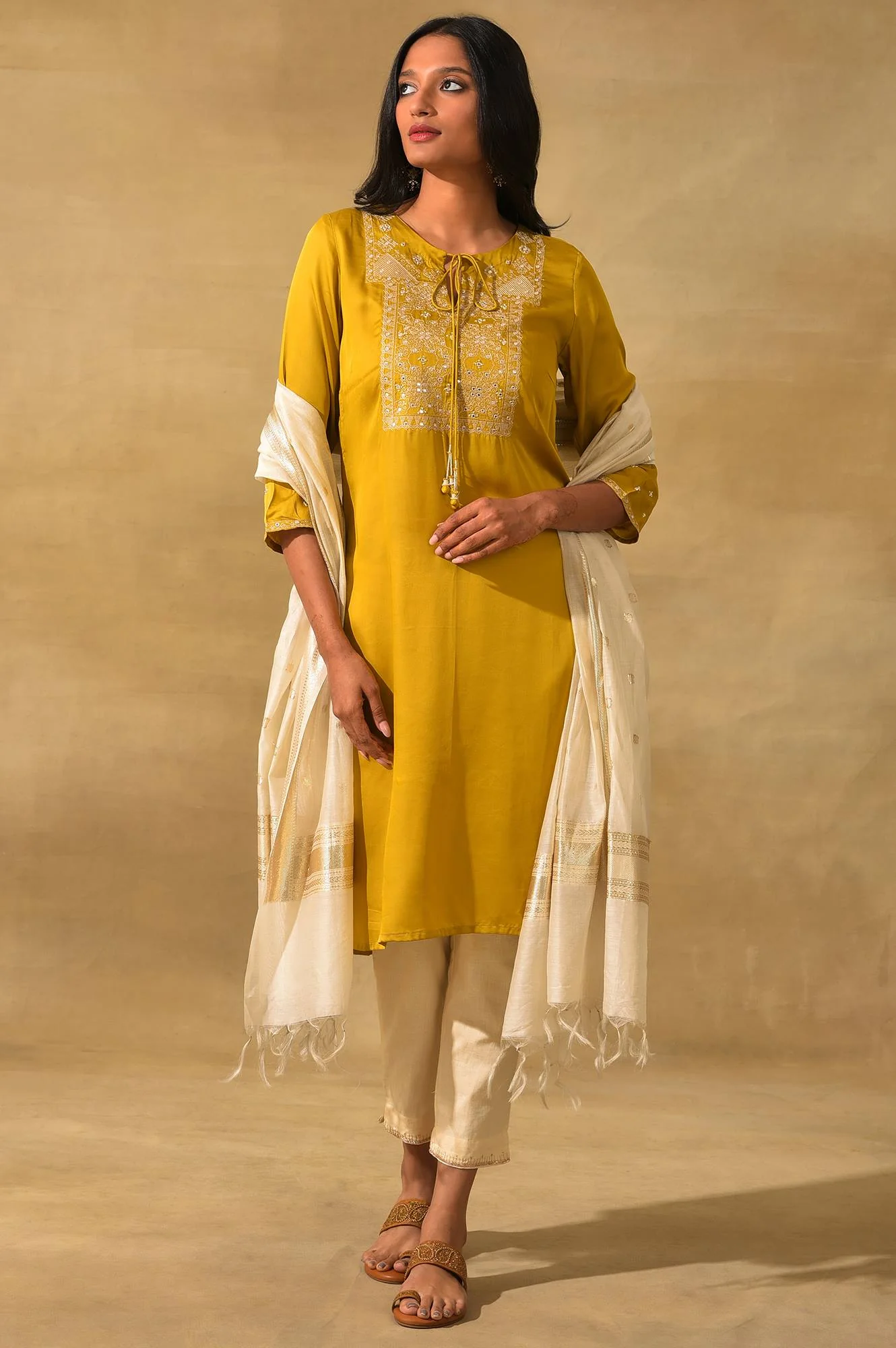 Mustard Embroidered Lustrous Satin kurta - Image 6