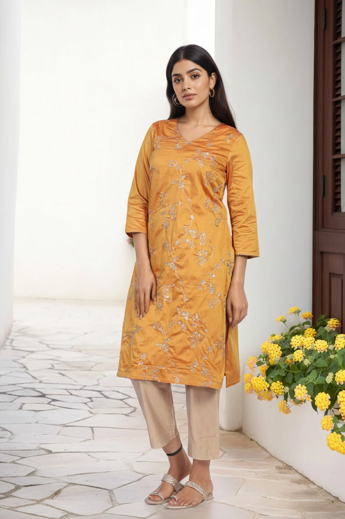 Mustard Embroidered Straight Kurta - Image 6