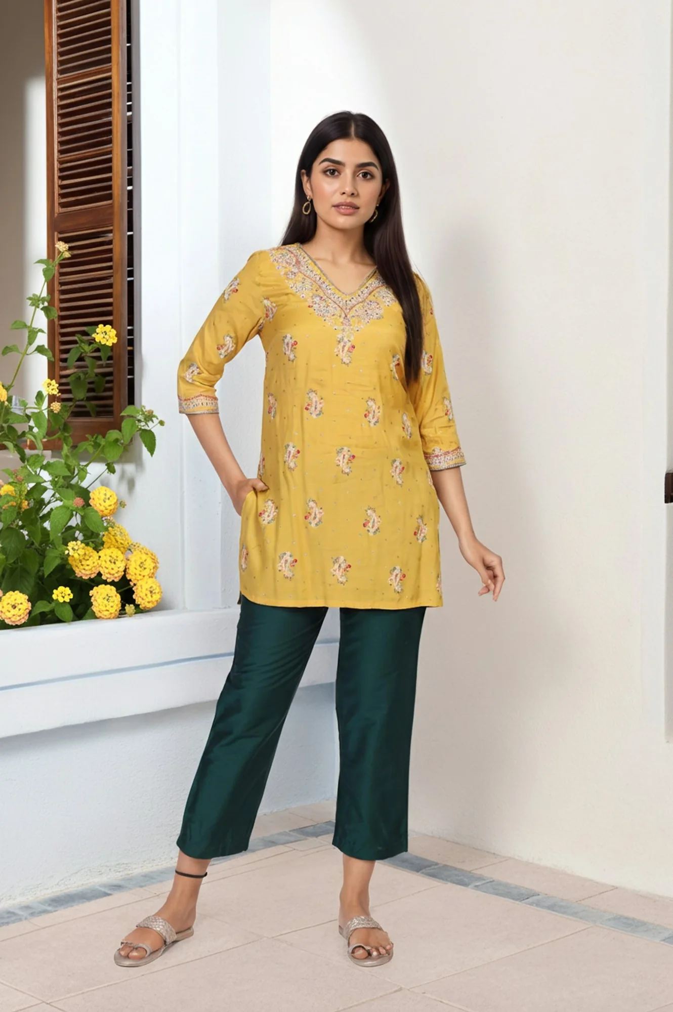 Mustard Embroidered Straight Rayon Kurta - Image 2