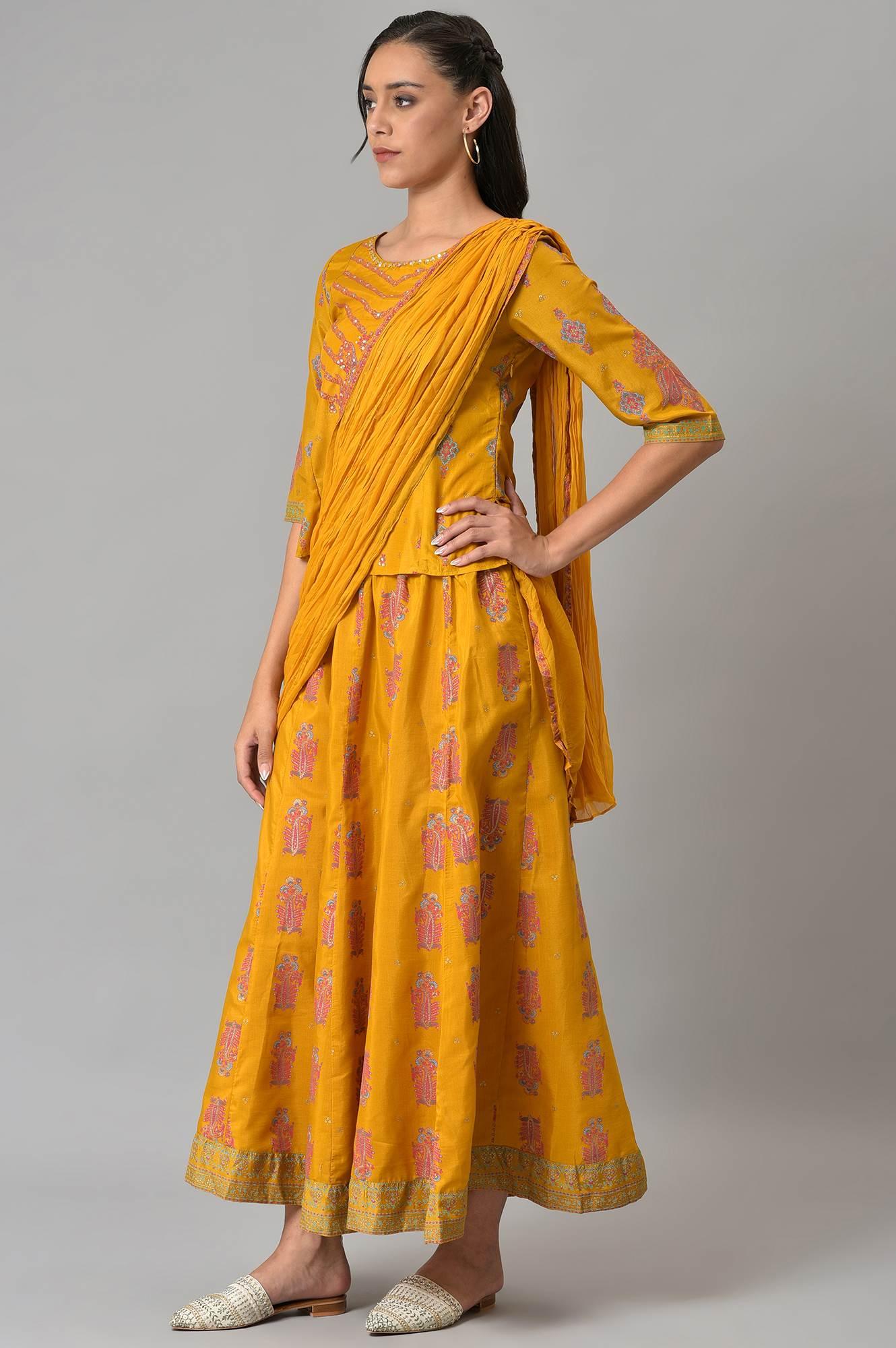 Mustard Festive A-Line Top With Culottes Having Attached Drape - Image 3