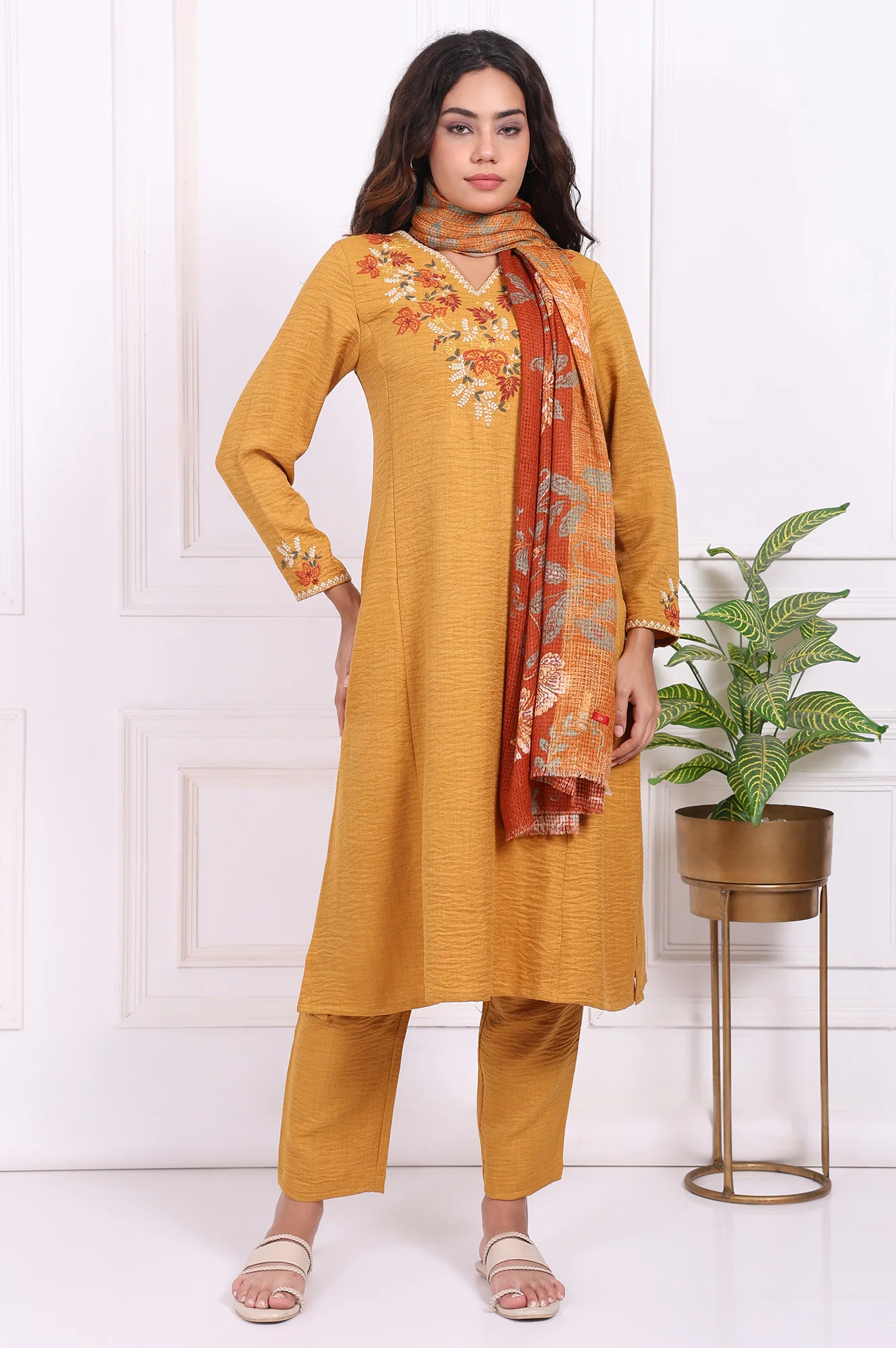 Mustard Floral Embroidered Straight Kurta with Straight Pant and Dupatta Set - Image 2