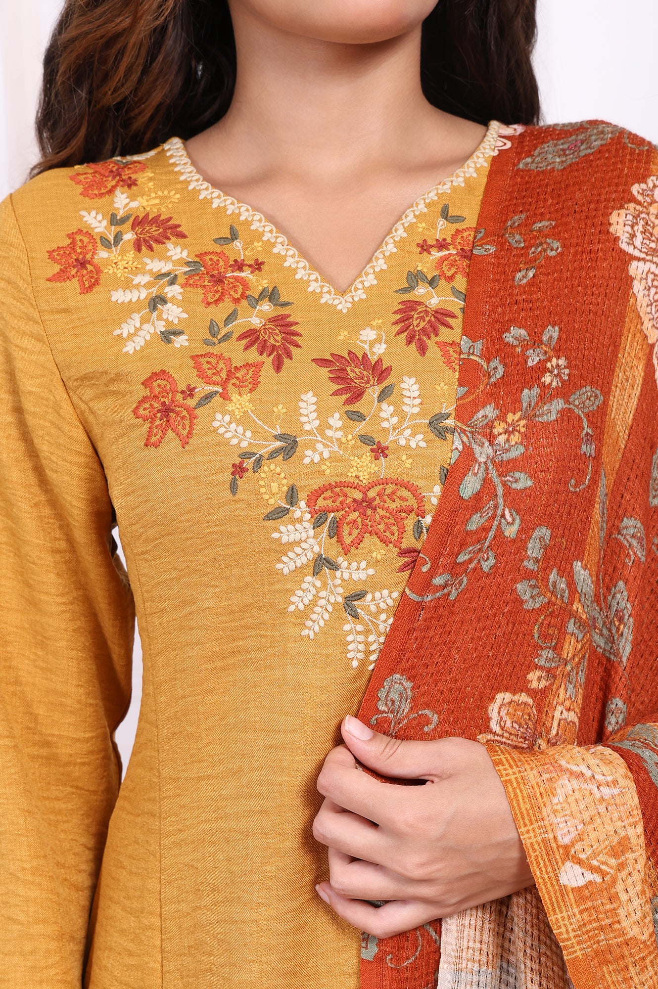 Mustard Floral Embroidered Straight Kurta with Straight Pant and Dupatta Set - Image 3