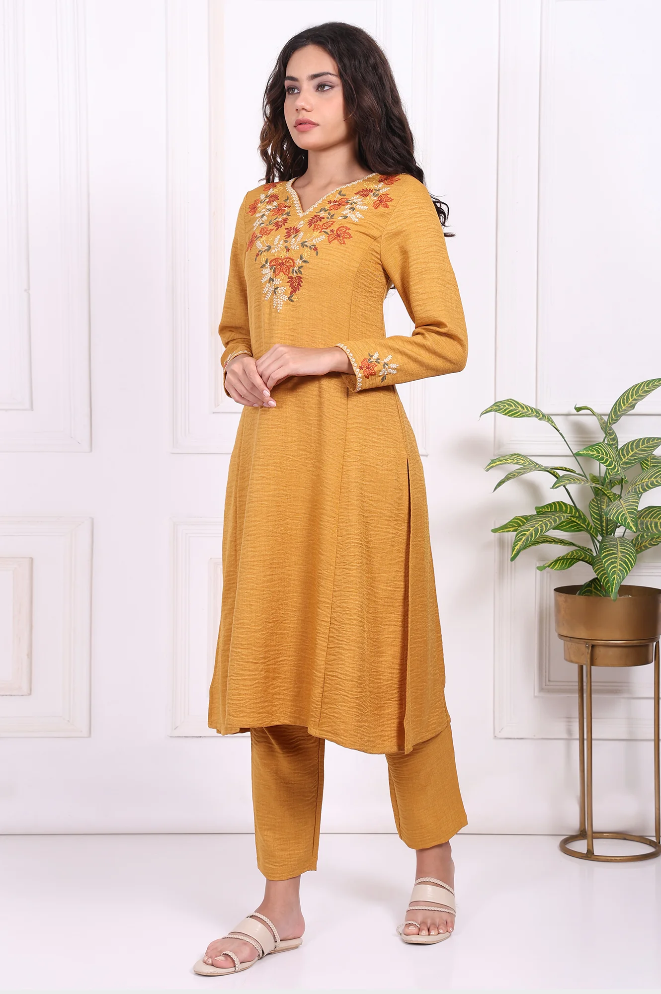 Mustard Floral Embroidered Straight Kurta with Straight Pant and Dupatta Set - Image 4