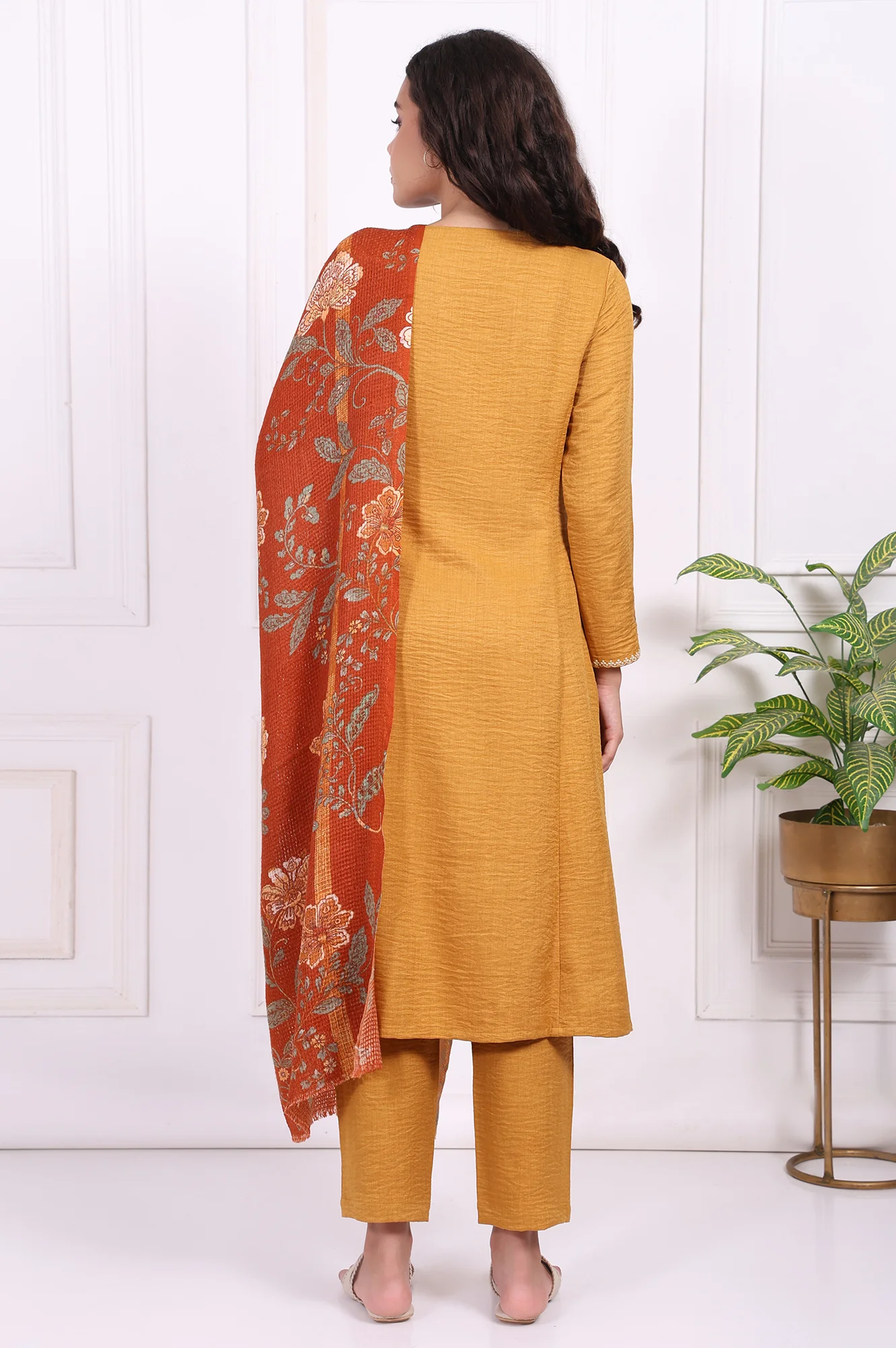Mustard Floral Embroidered Straight Kurta with Straight Pant and Dupatta Set - Image 5