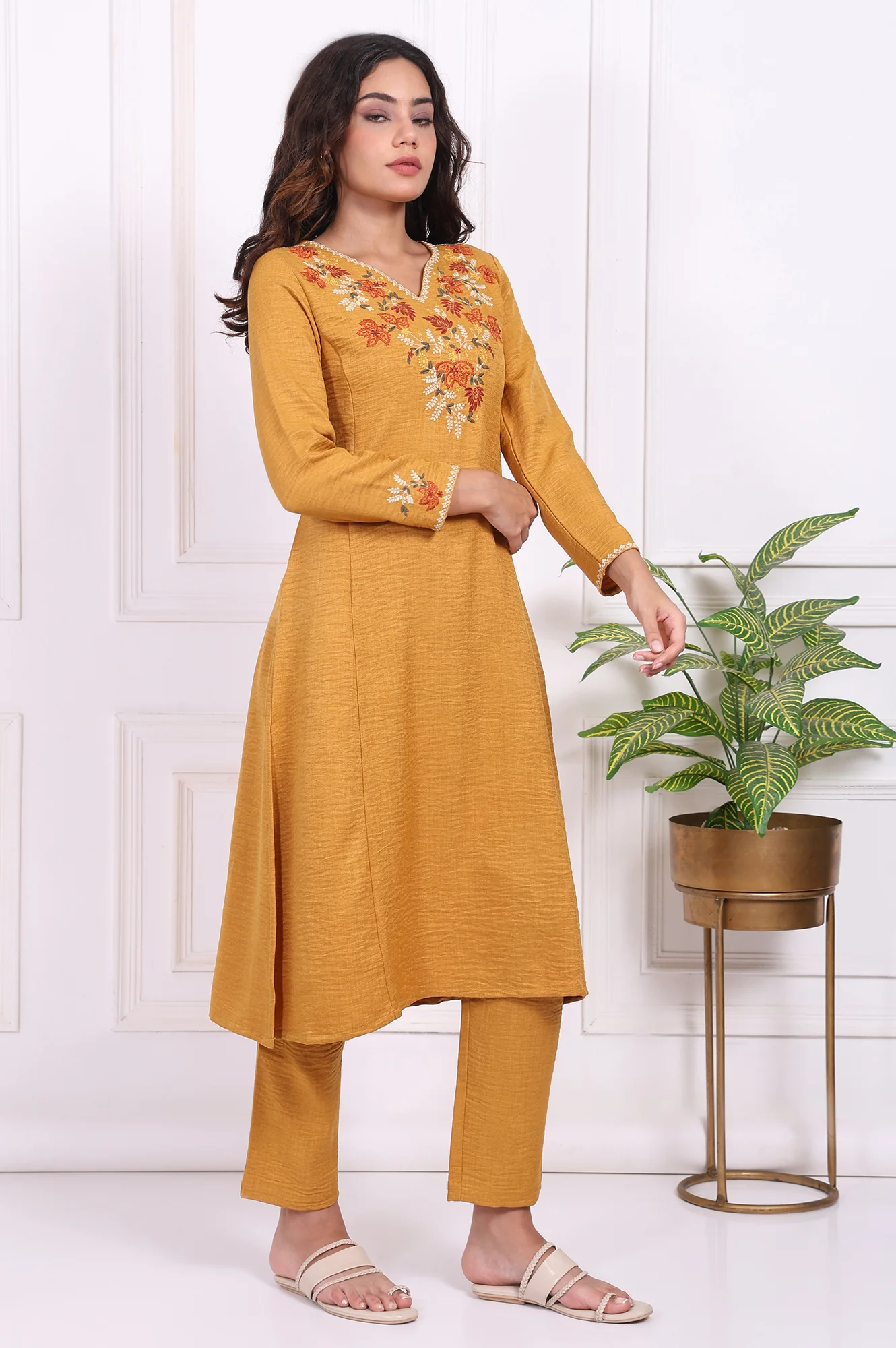 Mustard Floral Embroidered Straight Kurta with Straight Pant and Dupatta Set - Image 6