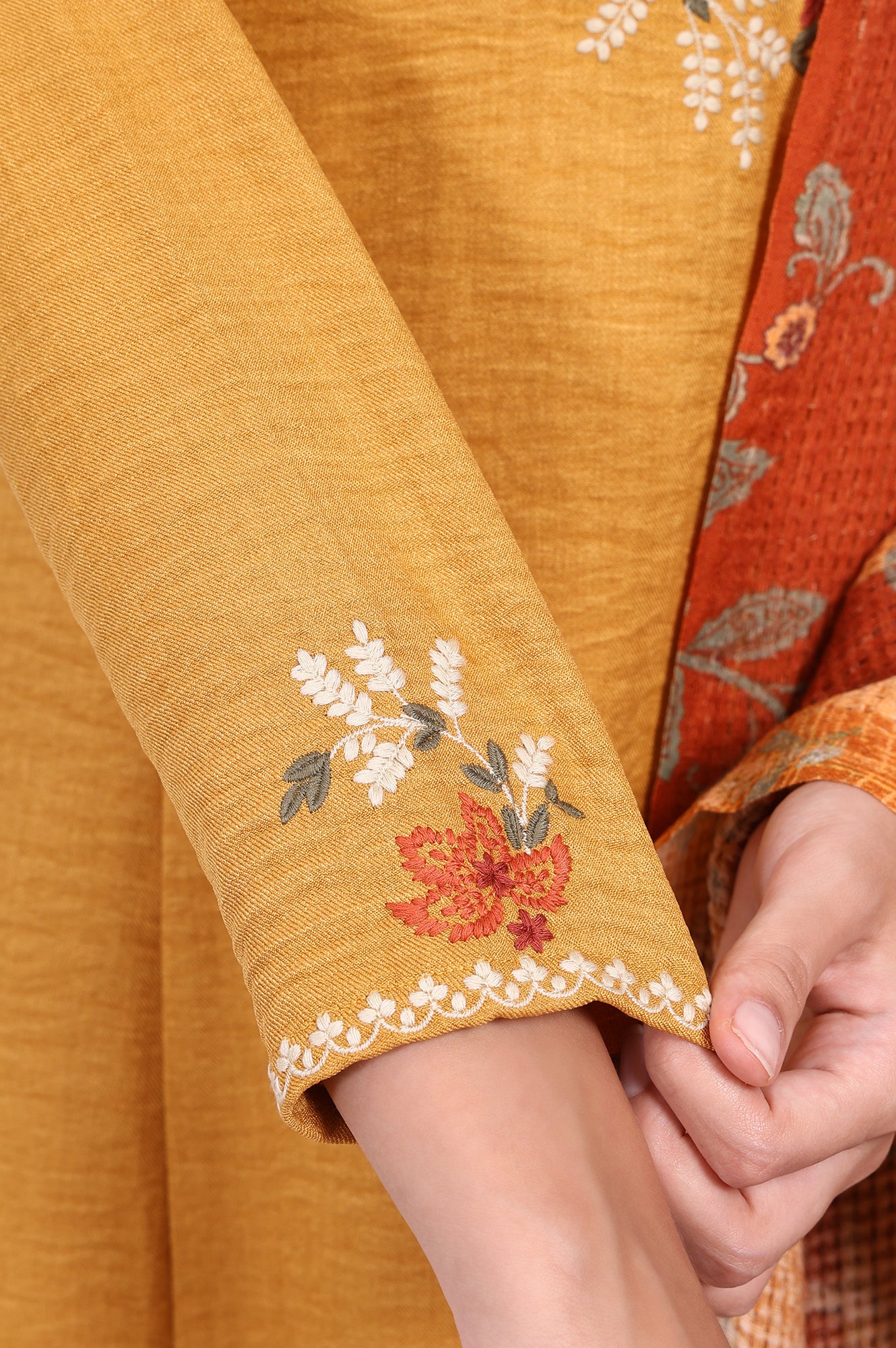 Mustard Floral Embroidered Straight Kurta with Straight Pant and Dupatta Set - Image 7