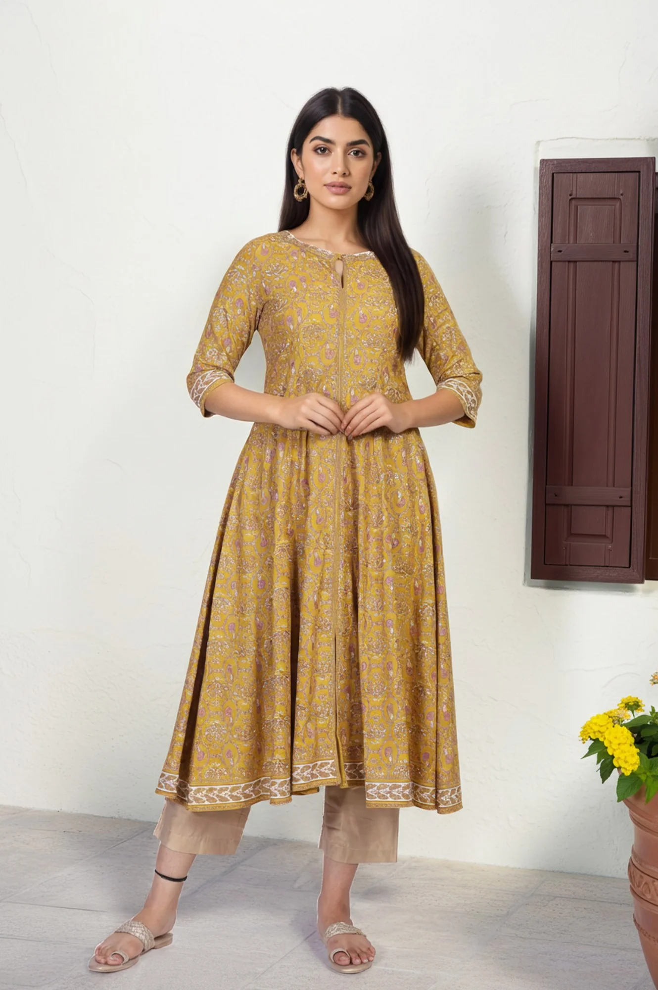 Mustard Floral Printed Anarkali Rayon Kurta - Image 2