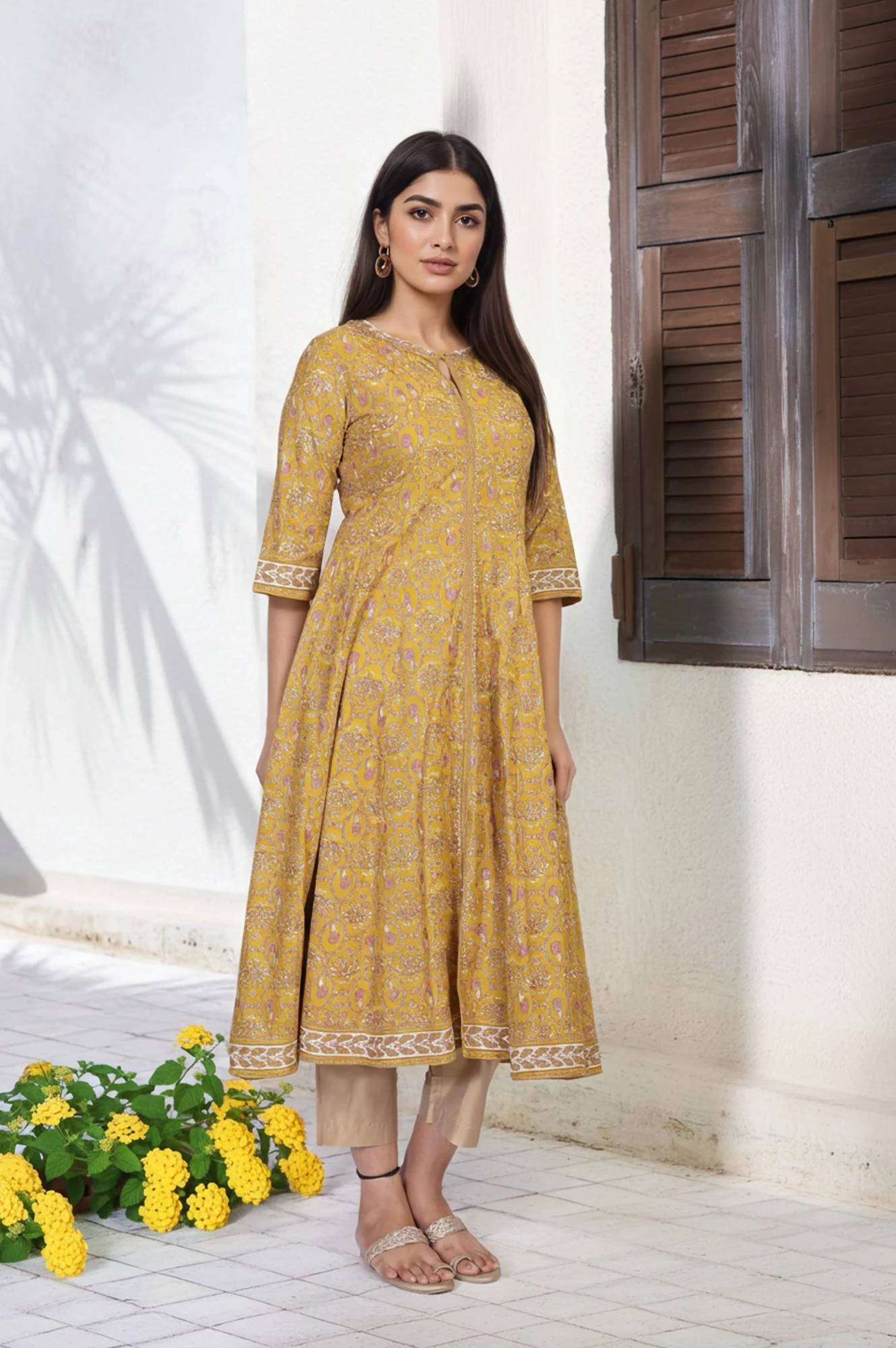 Mustard Floral Printed Anarkali Rayon Kurta - Image 4