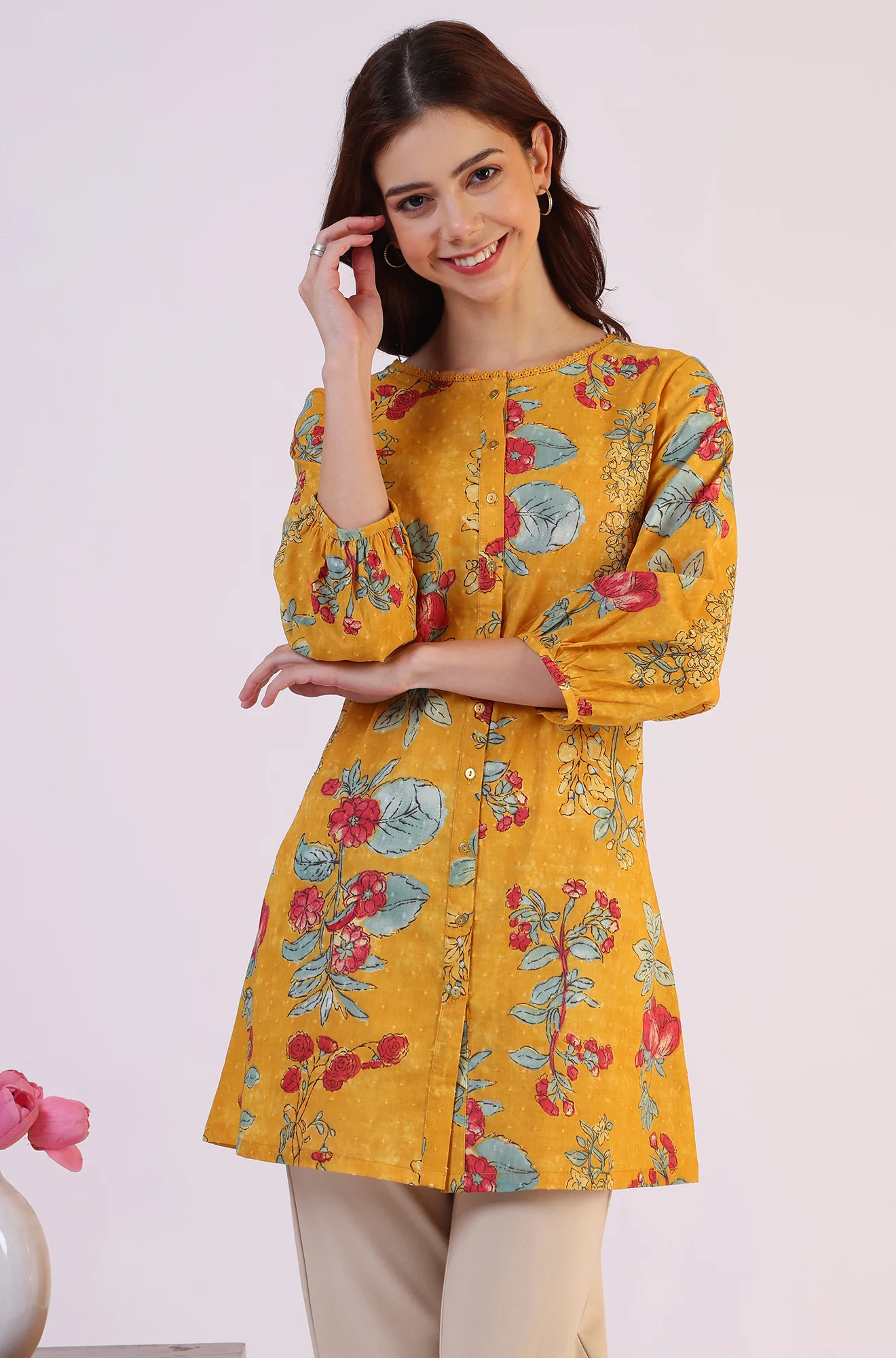 Mustard Floral Printed Button Down Pure Cotton Top - Image 2
