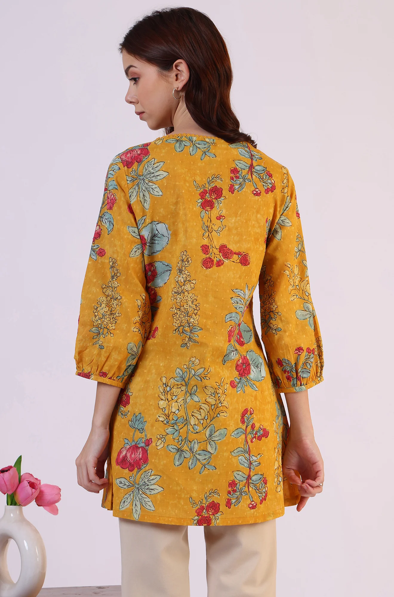 Mustard Floral Printed Button Down Pure Cotton Top - Image 3