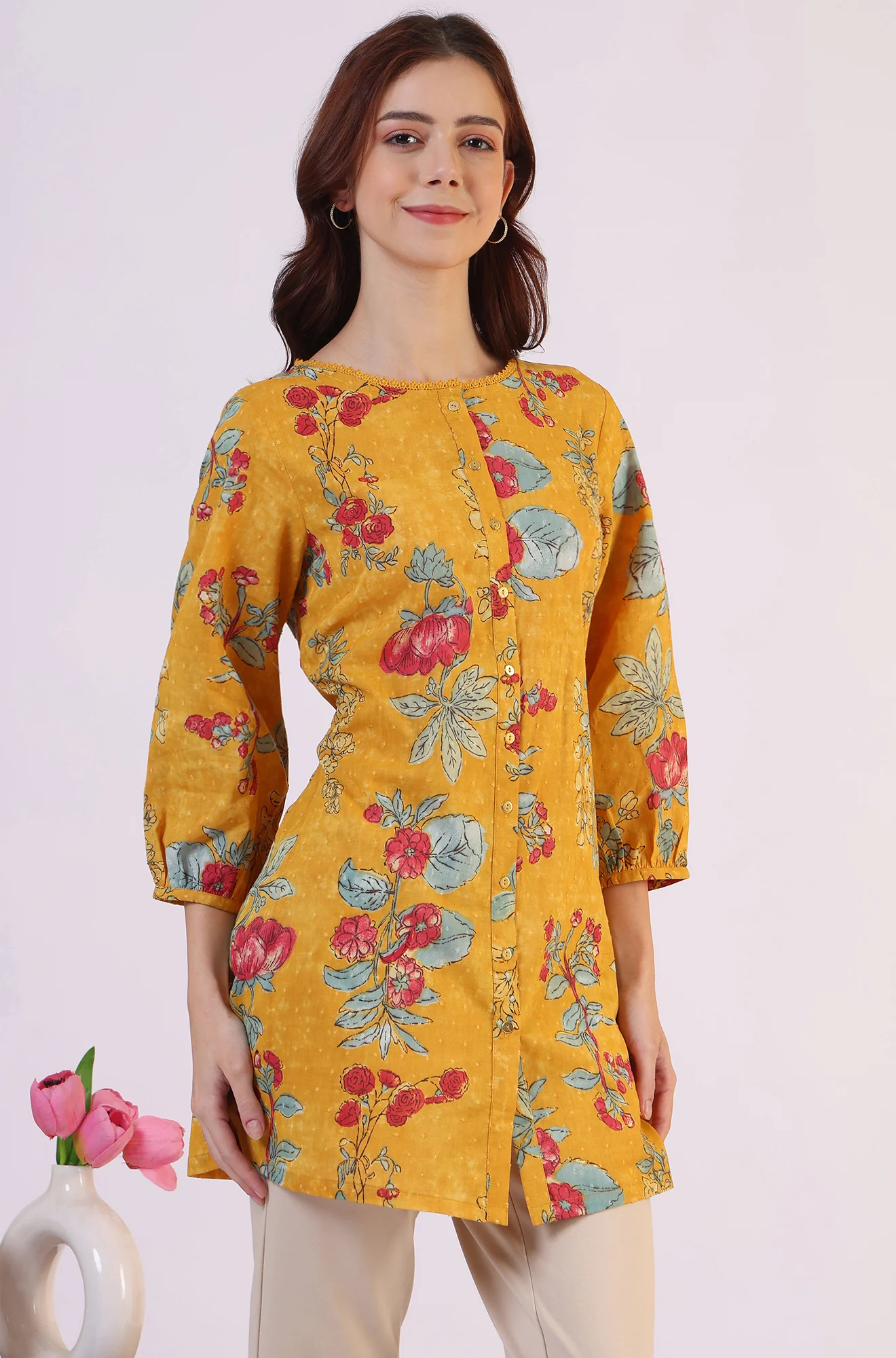 Mustard Floral Printed Button Down Pure Cotton Top - Image 4