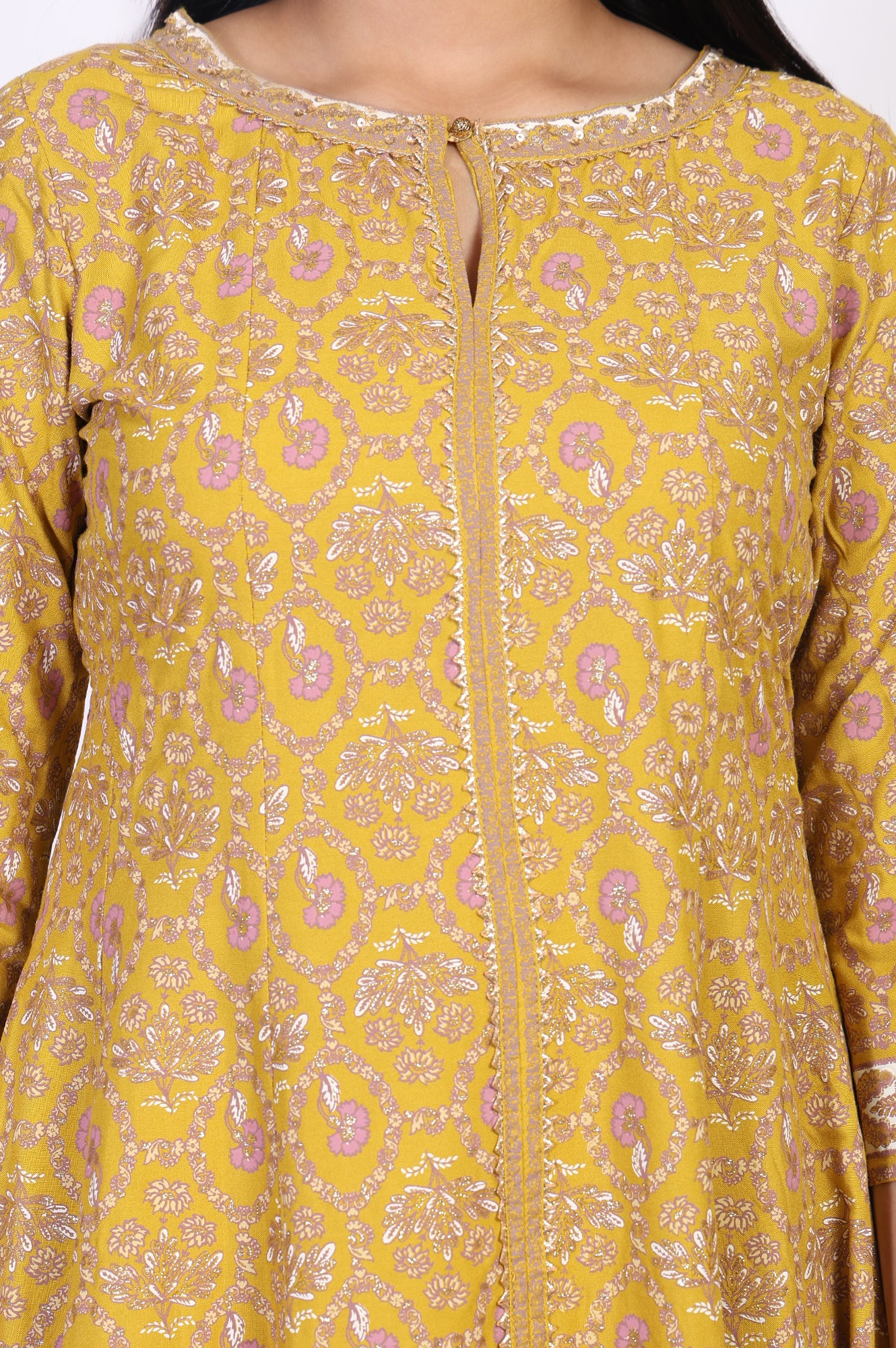 Mustard Floral Printed Rayon A-Line Kurta with Straight Pant - Image 3