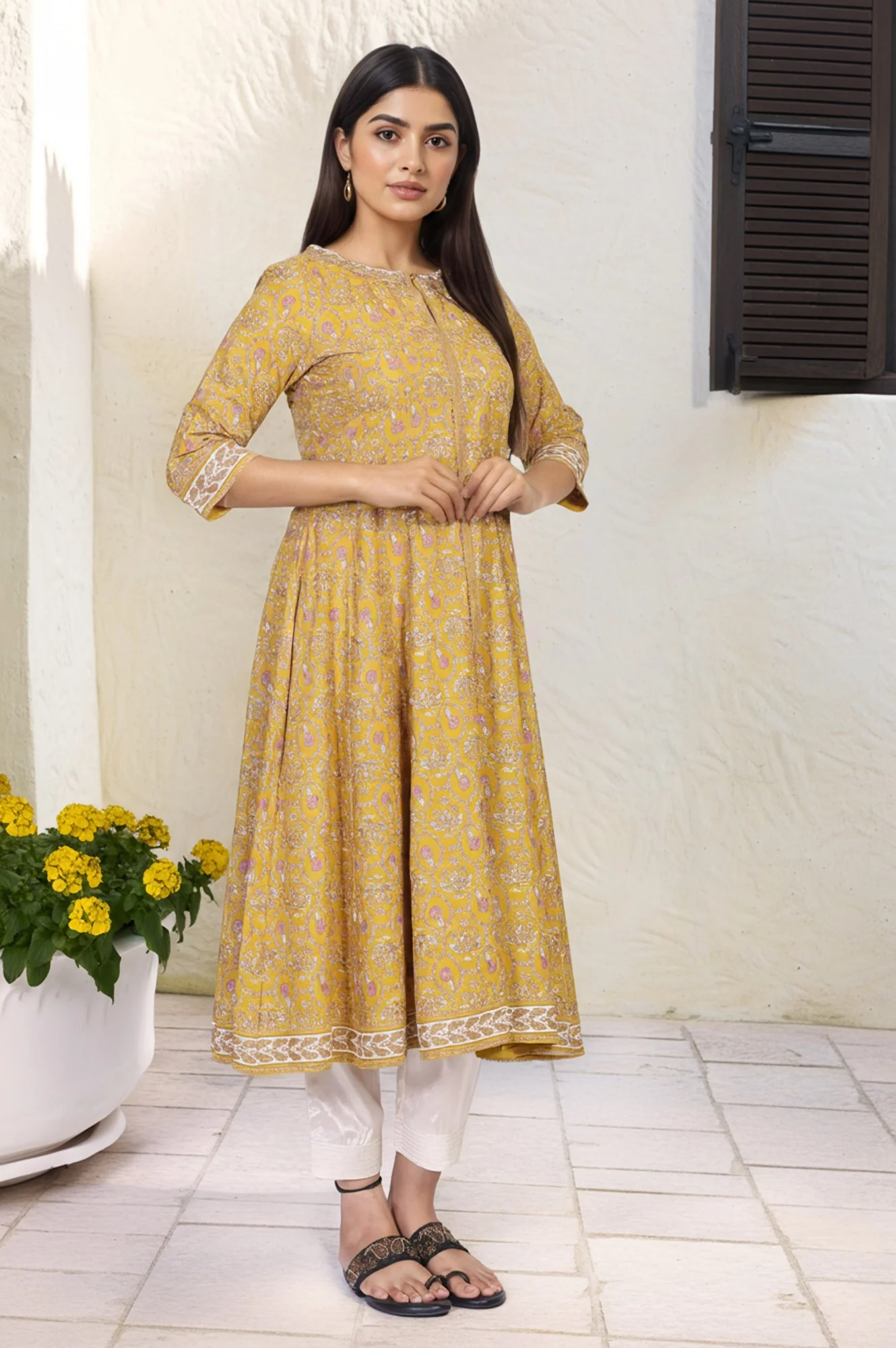 Mustard Floral Printed Rayon A-Line Kurta with Straight Pant - Image 6