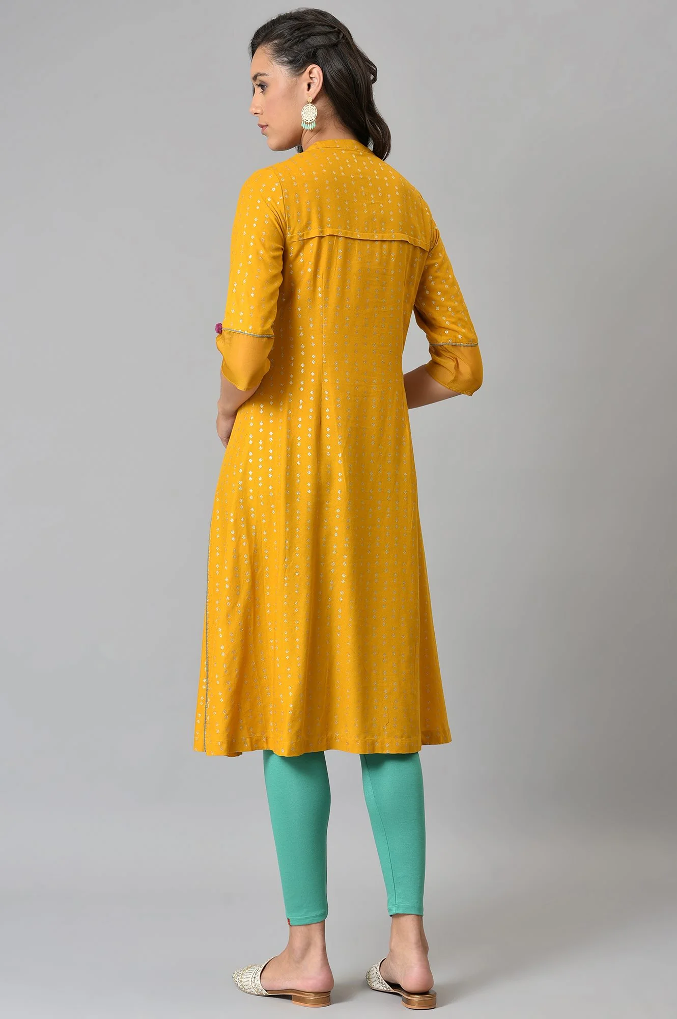 Mustard Glitter Printed And Embroidered kurta - Image 2