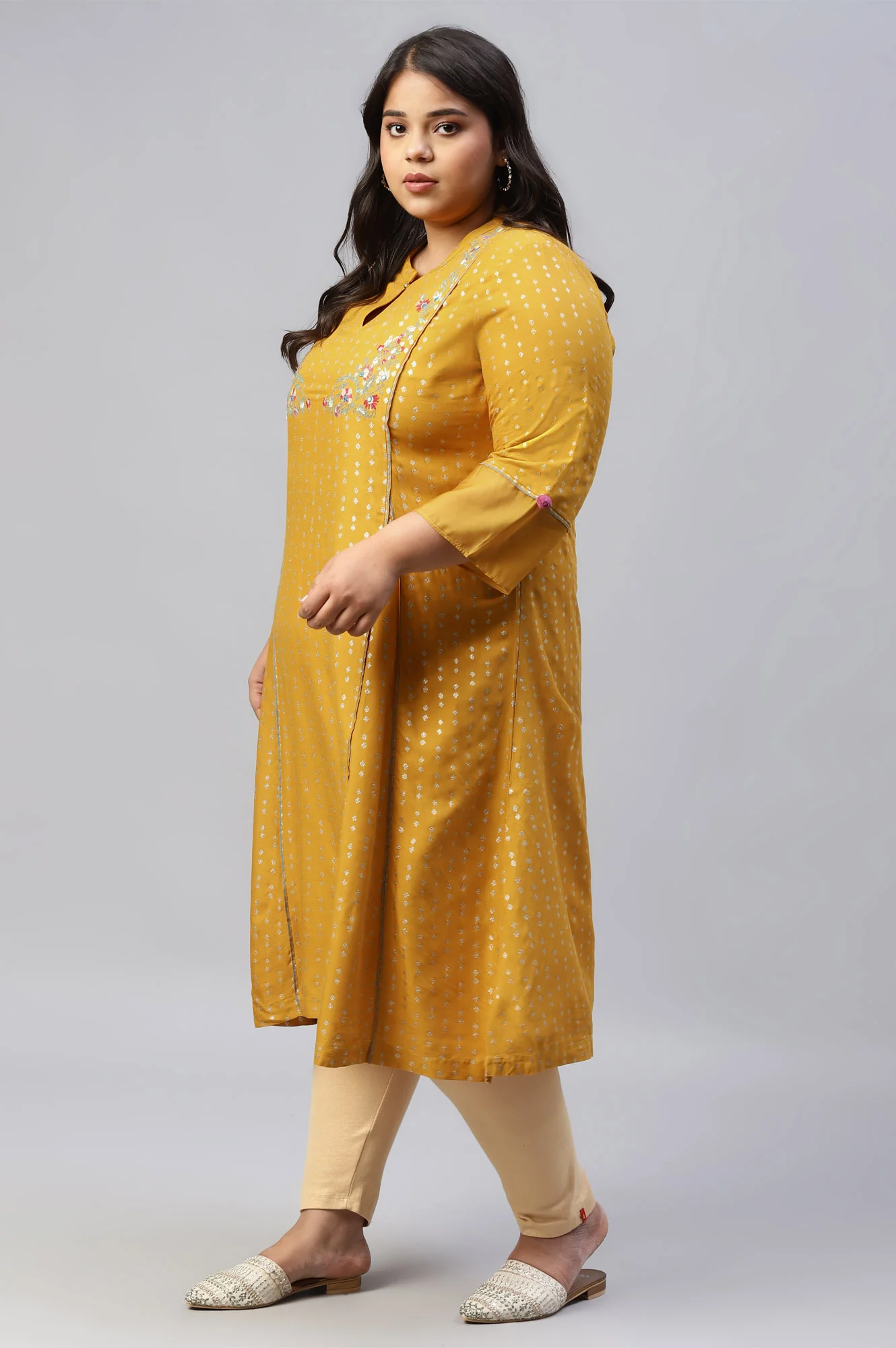 Mustard Glitter Printed And Embroidered Plus Size kurta - Image 3